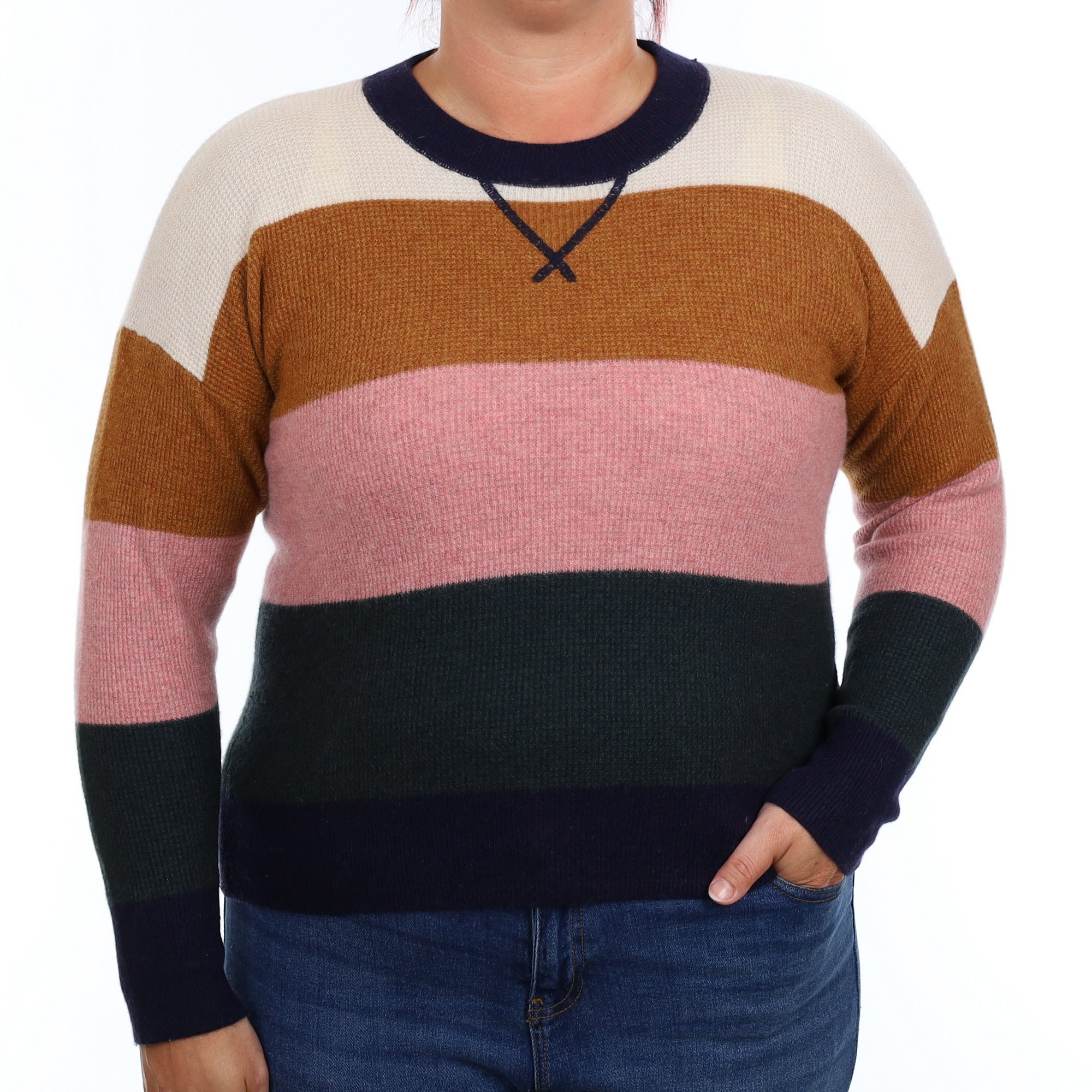 Multicolour Waffle Knit Cashmere Crew Neck Jumper Large