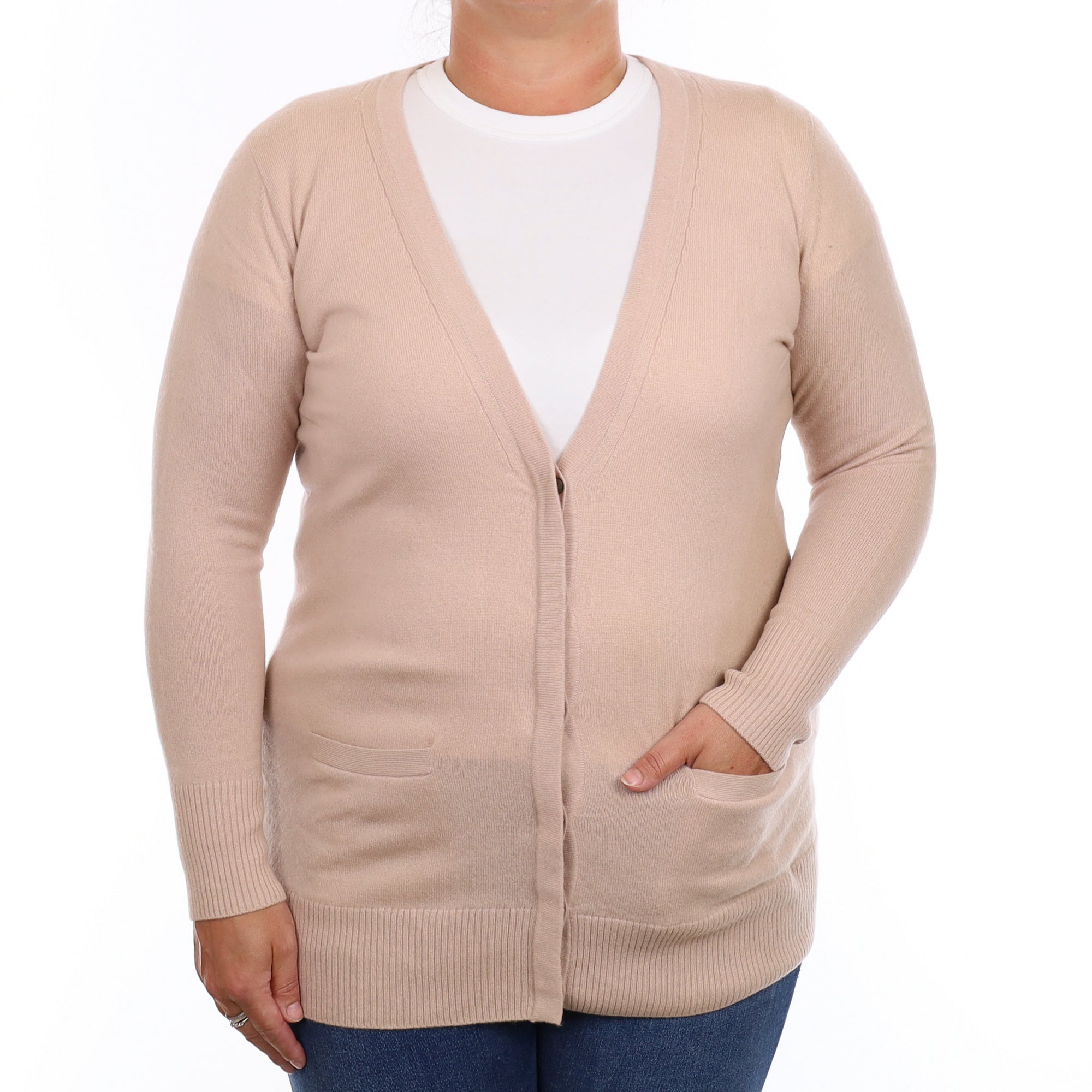 Nude Beige Cashmere Longline V Neck Cardigan with Pockets Large