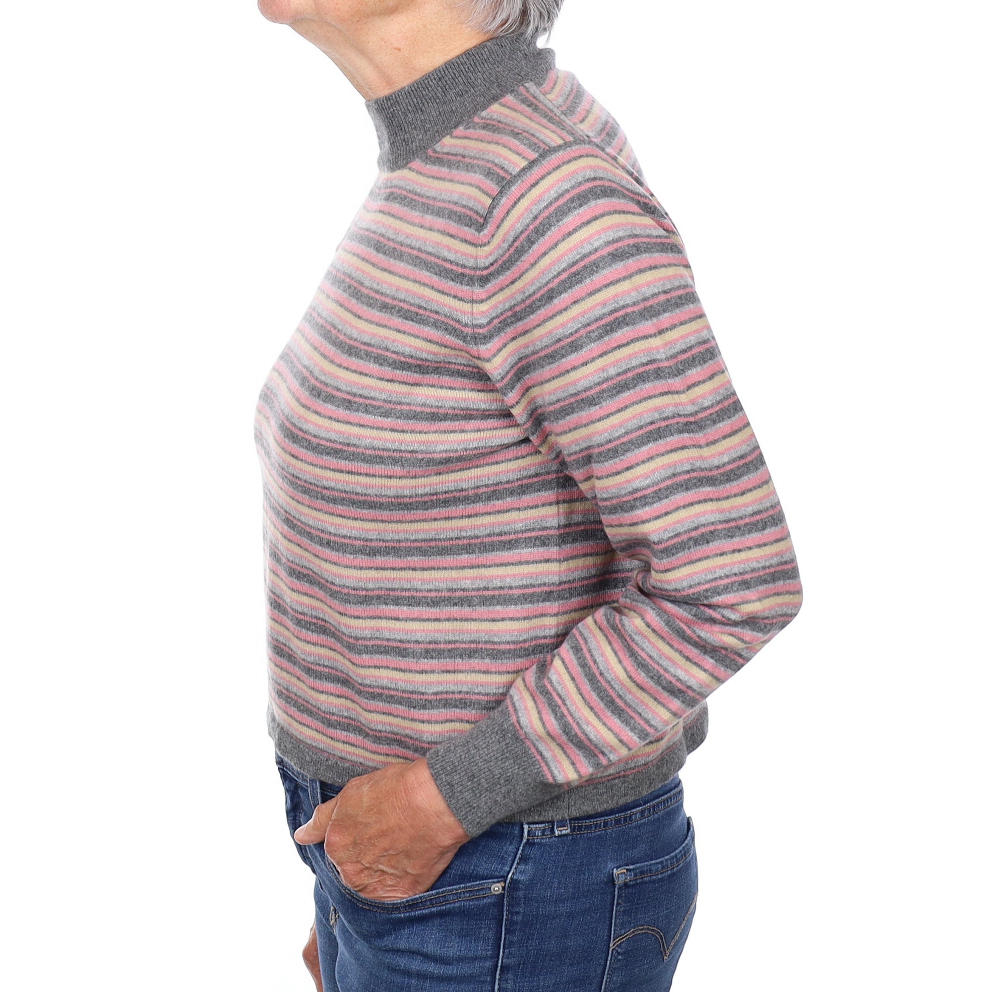 Grey and Multicoloured Stripe Cashmere Turtle Neck Jumper Medium