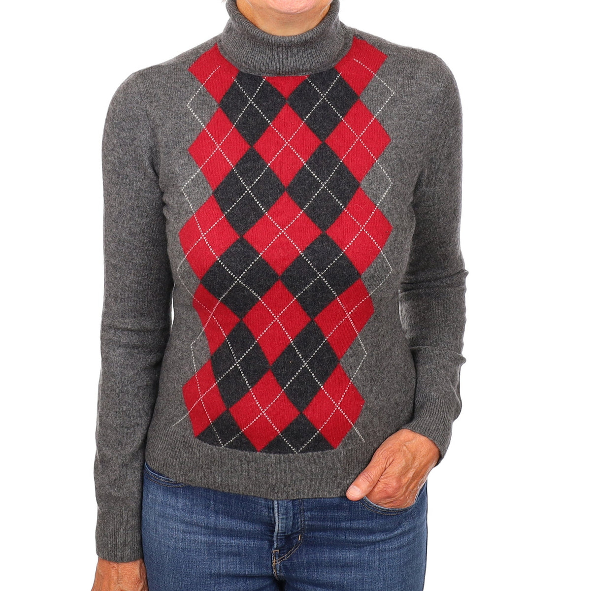 Slate Grey and Red Argyle Cashmere Polo Neck Jumper Medium