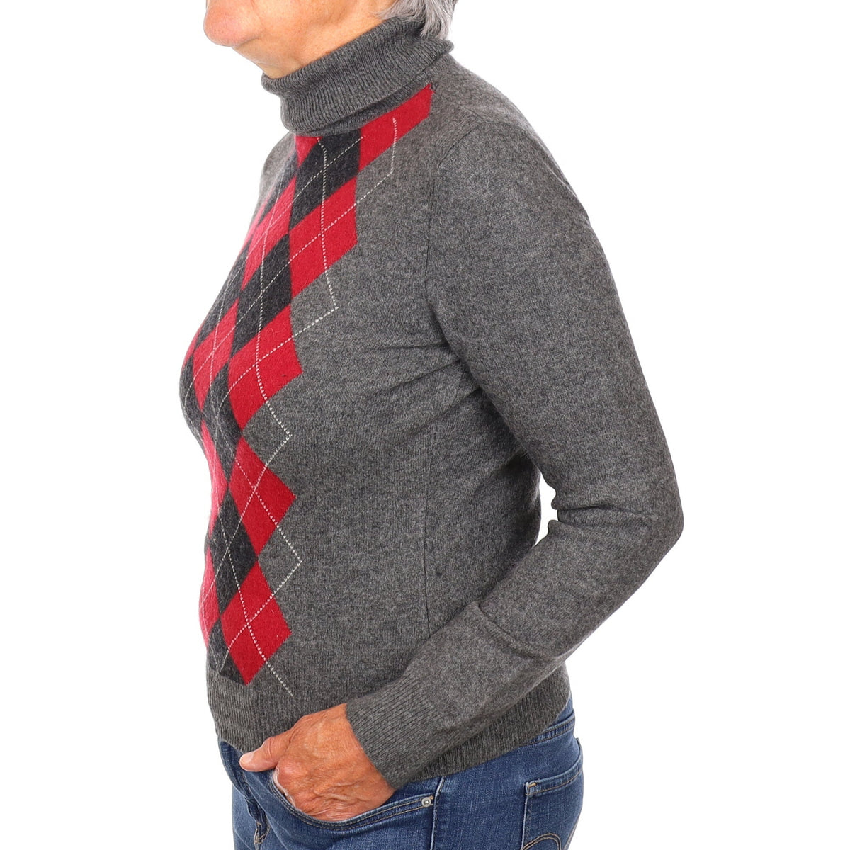 Slate Grey and Red Argyle Cashmere Polo Neck Jumper Medium