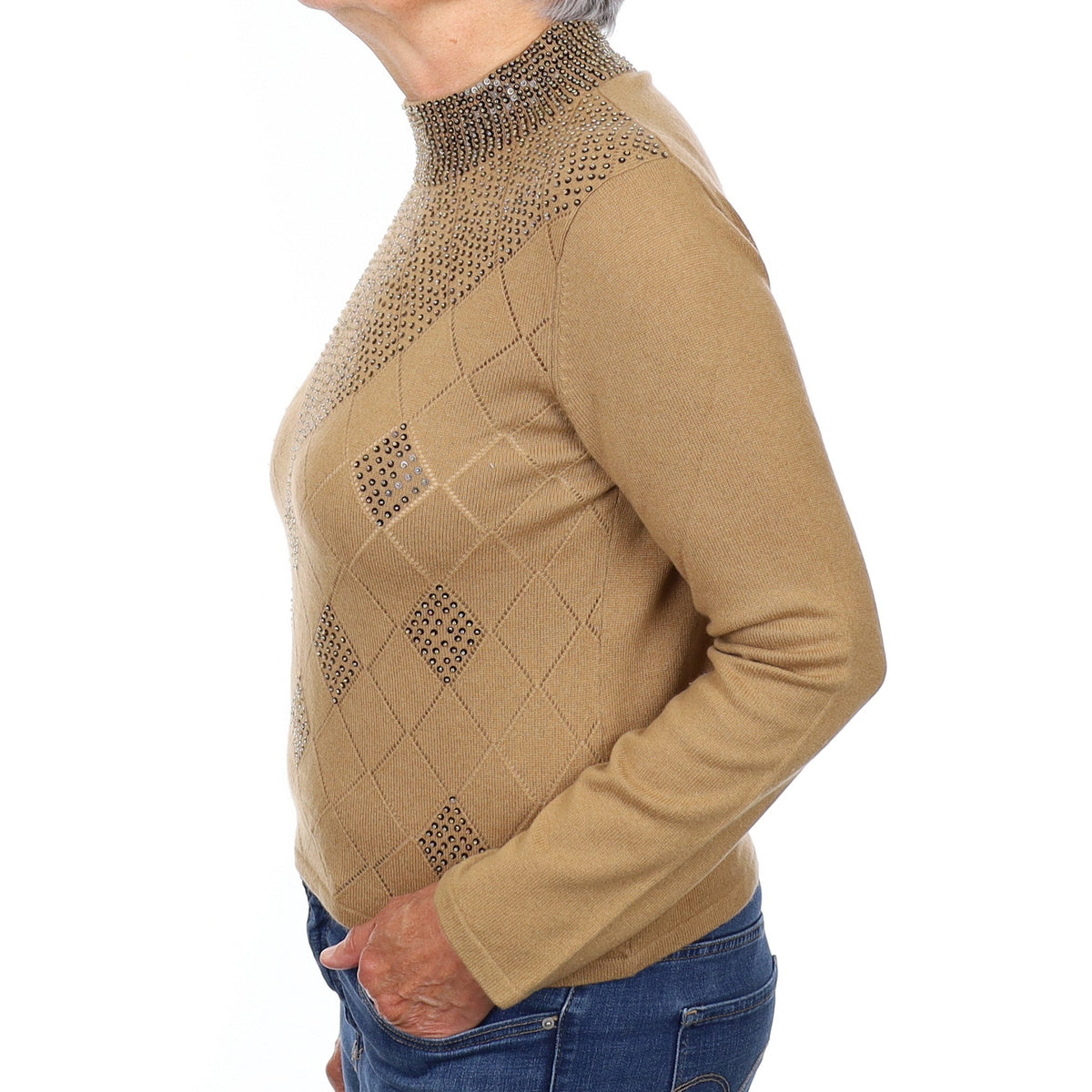 Butterscotch Beaded Detail Cashmere Polo Neck Jumper Medium