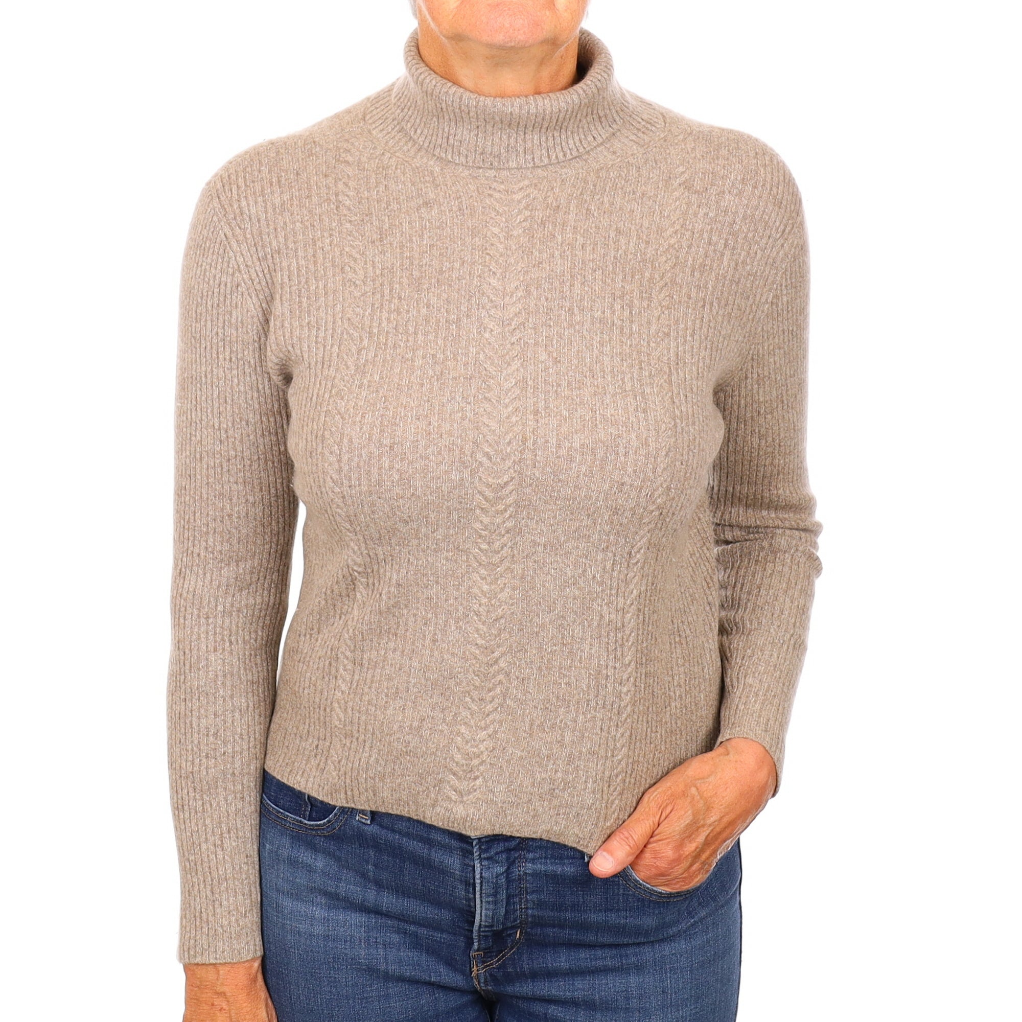 Mocha Marl Textured Cashmere Polo Neck Jumper Medium