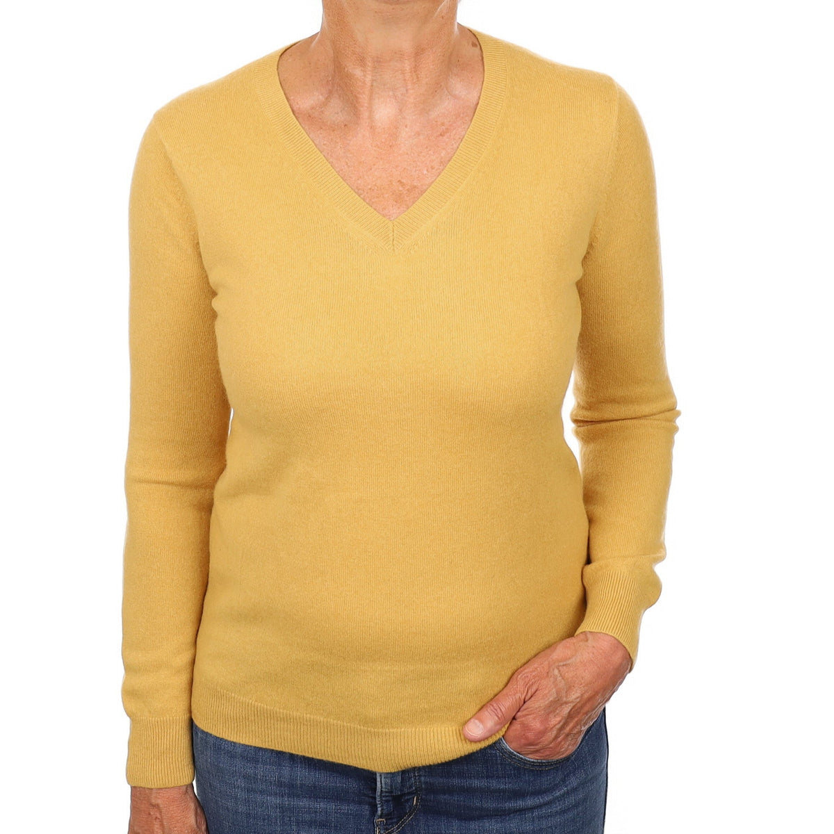 Flaxen Yellow Cashmere V Neck Jumper Medium