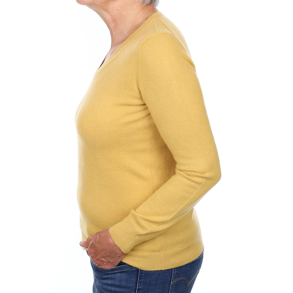 Flaxen Yellow Cashmere V Neck Jumper Medium
