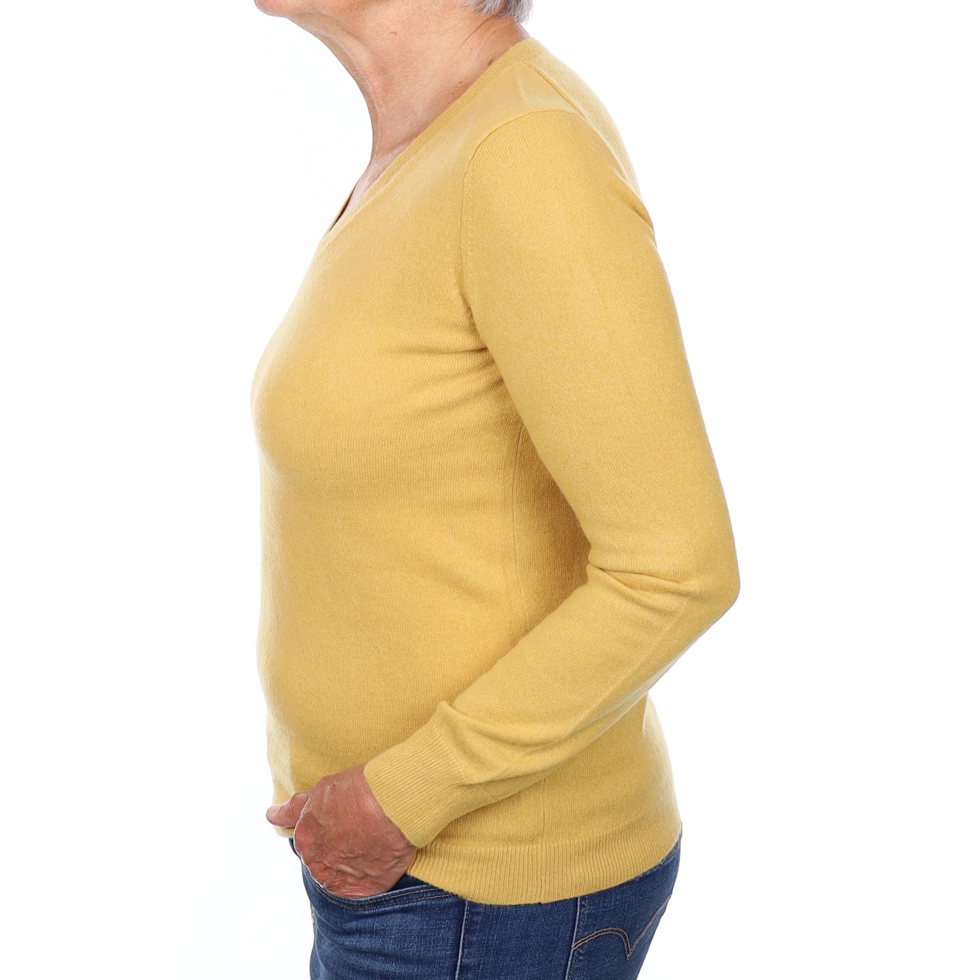 Flaxen Yellow Cashmere V Neck Jumper Medium