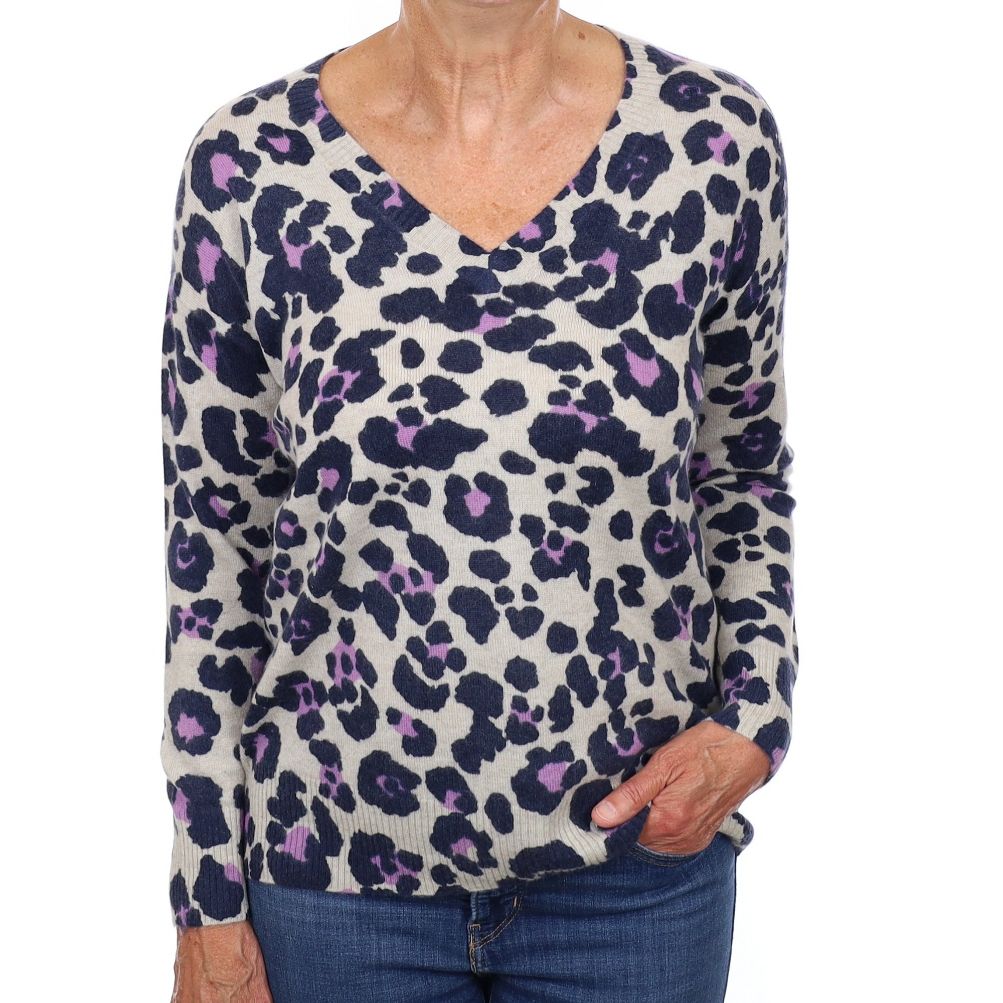 Oatmeal and Purple Animal Print Cashmere V Neck Jumper Medium