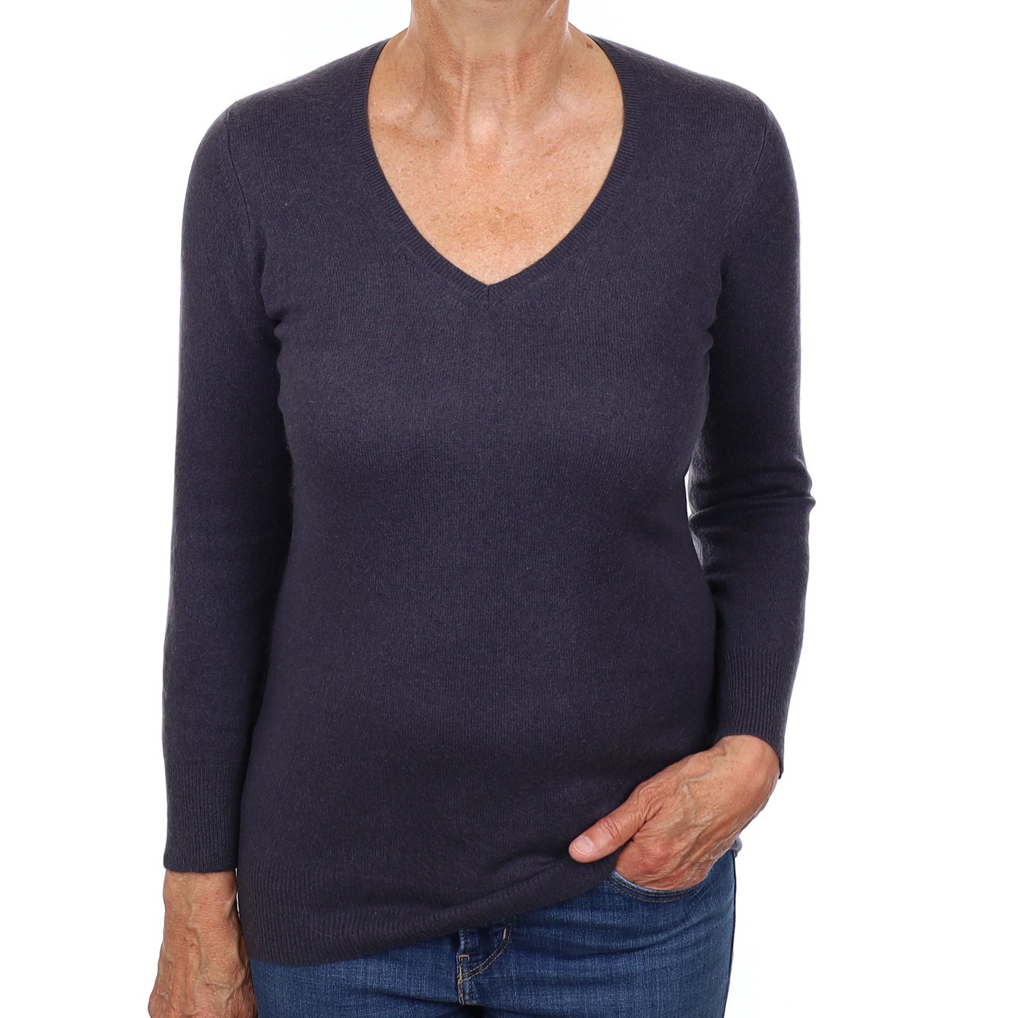 Fossil Grey Cashmere V Neck Jumper Medium