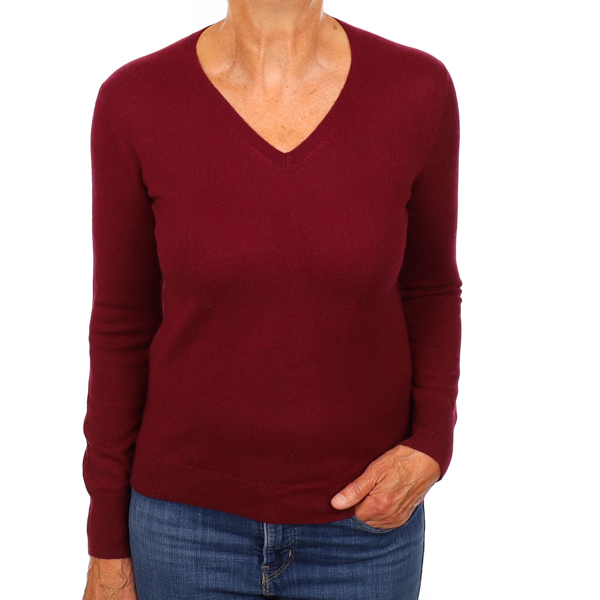 Burgundy Red Cashmere V Neck Jumper Medium