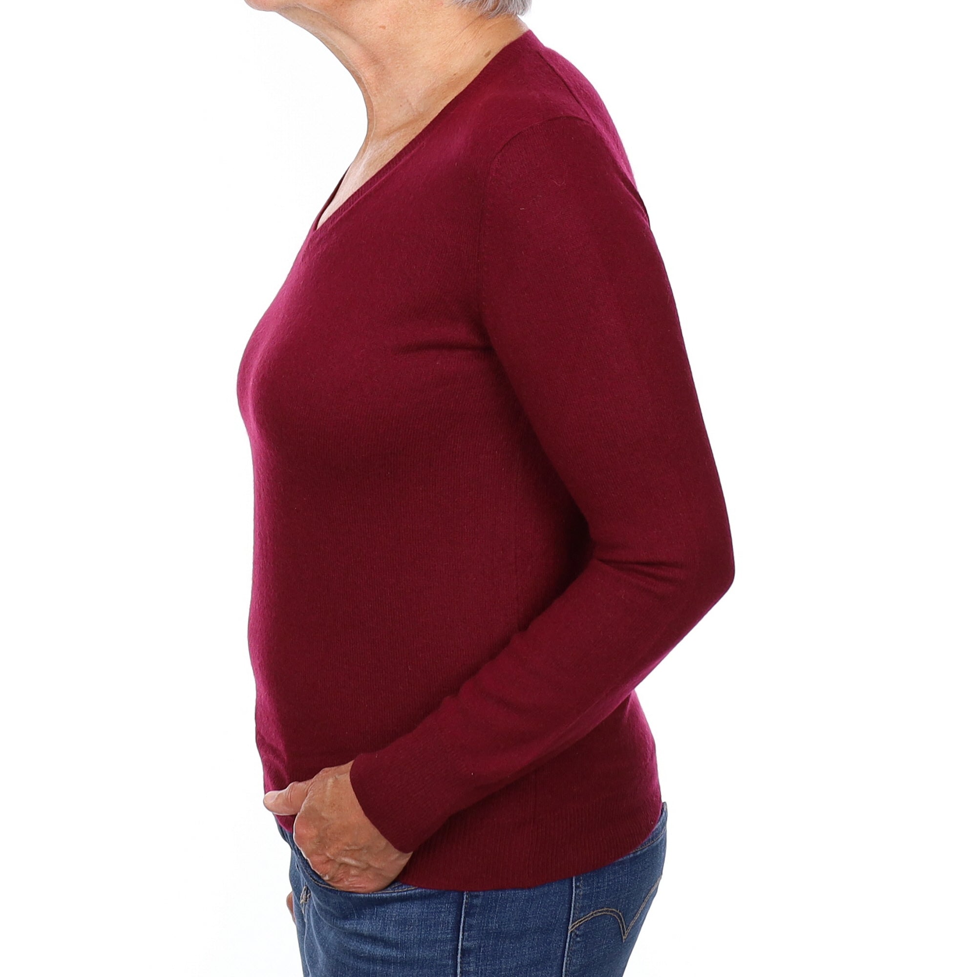 Burgundy Red Cashmere V Neck Jumper Medium