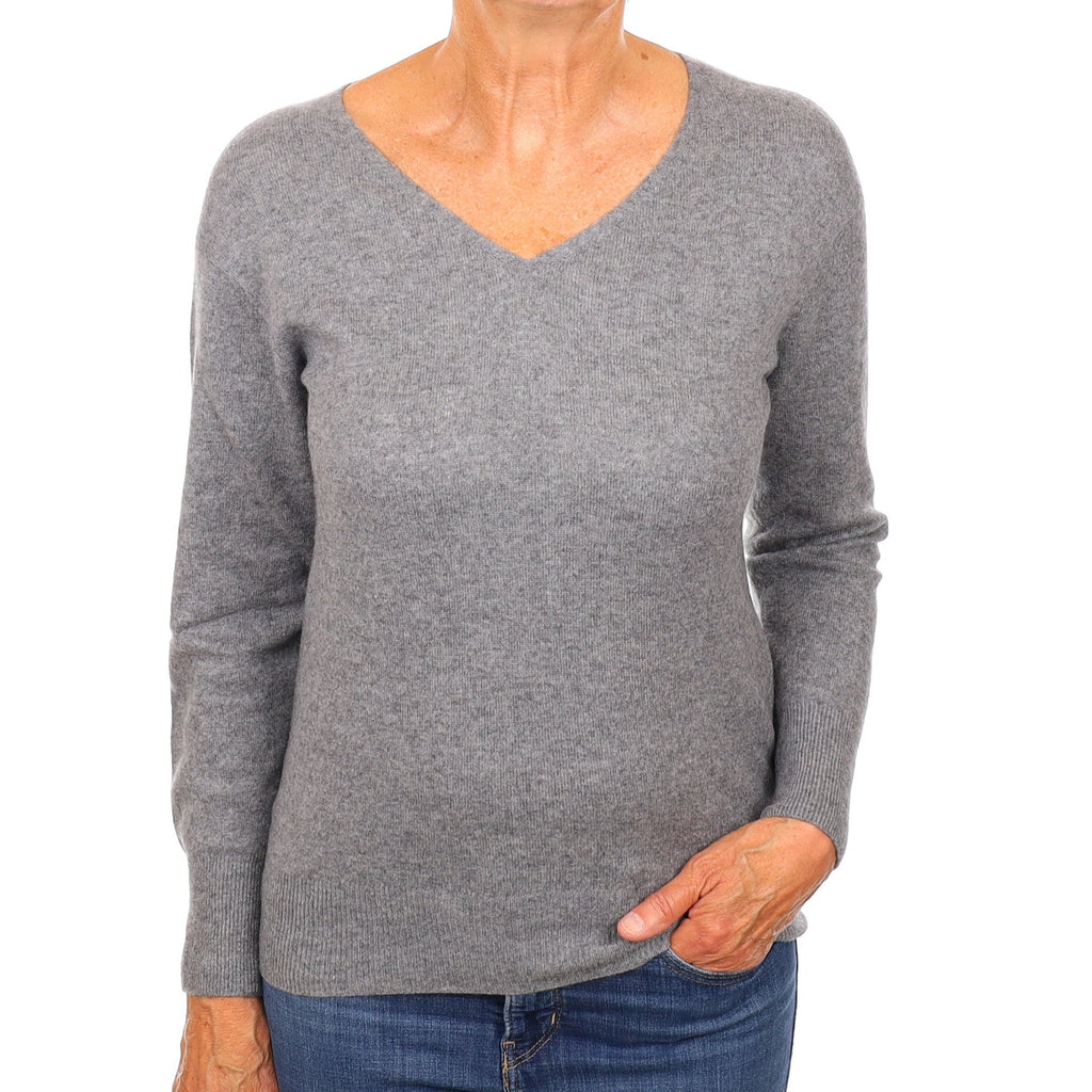 Ash Grey Cashmere V Neck Jumper Medium