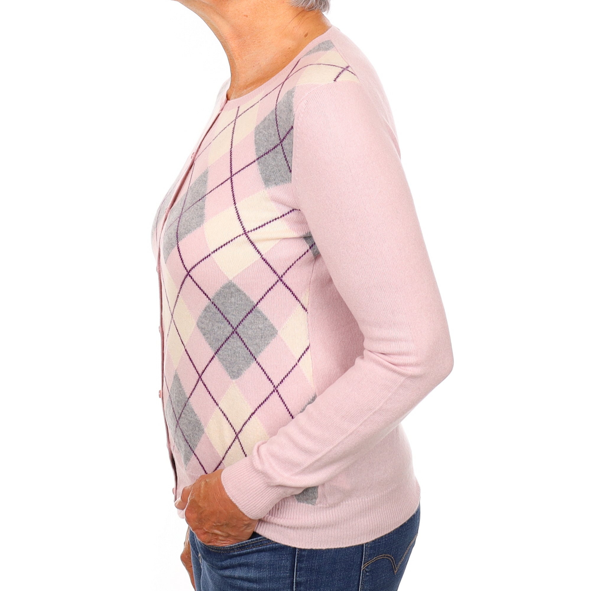 Pink Argyle Cashmere Crew Neck Cardigan Medium