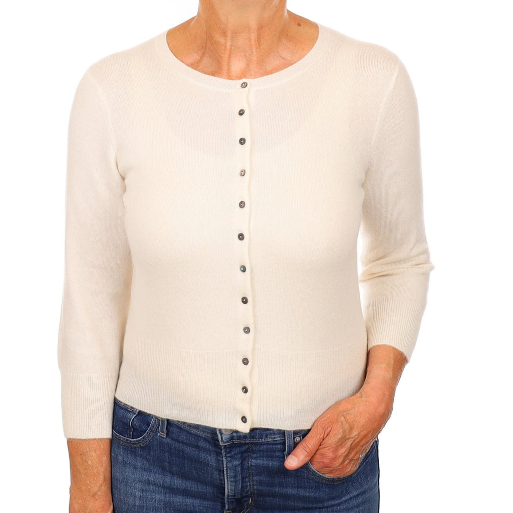 Winter White Cashmere 3/4 Sleeve Crew Neck Cardigan Medium