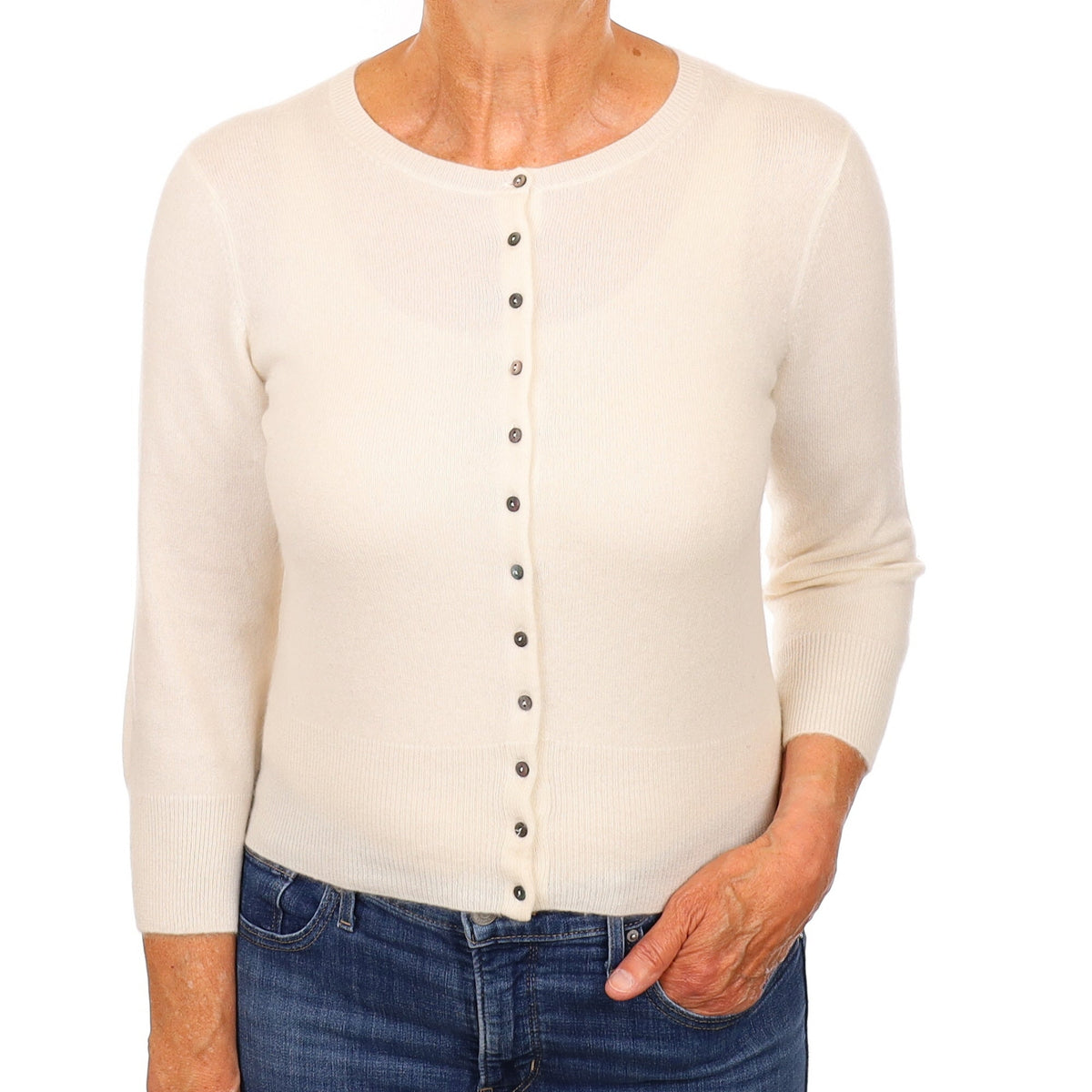 Winter White Cashmere 3/4 Sleeve Crew Neck Cardigan Medium