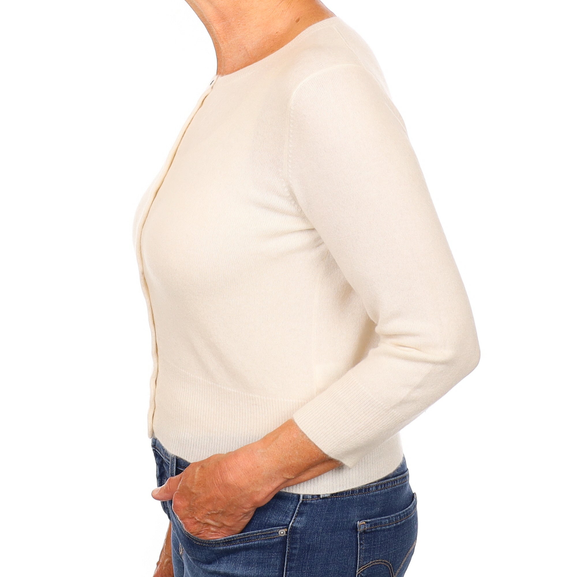 Winter White Cashmere 3/4 Sleeve Crew Neck Cardigan Medium