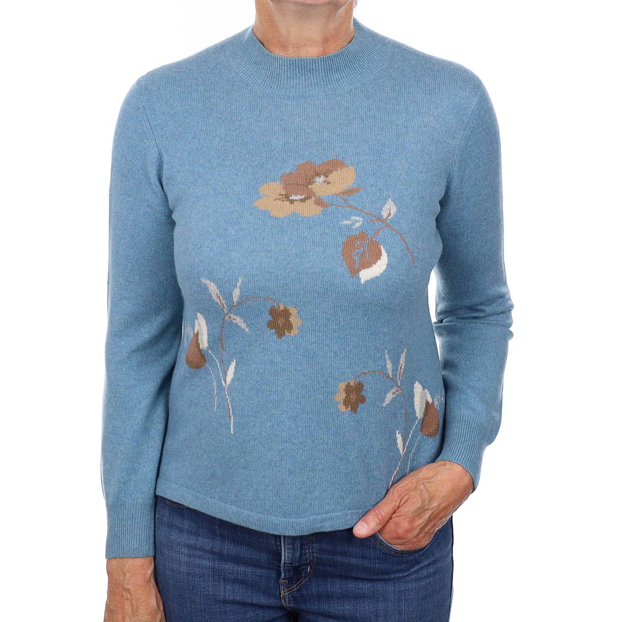 Muted Aqua Floral Cashmere Turtleneck Jumper Medium