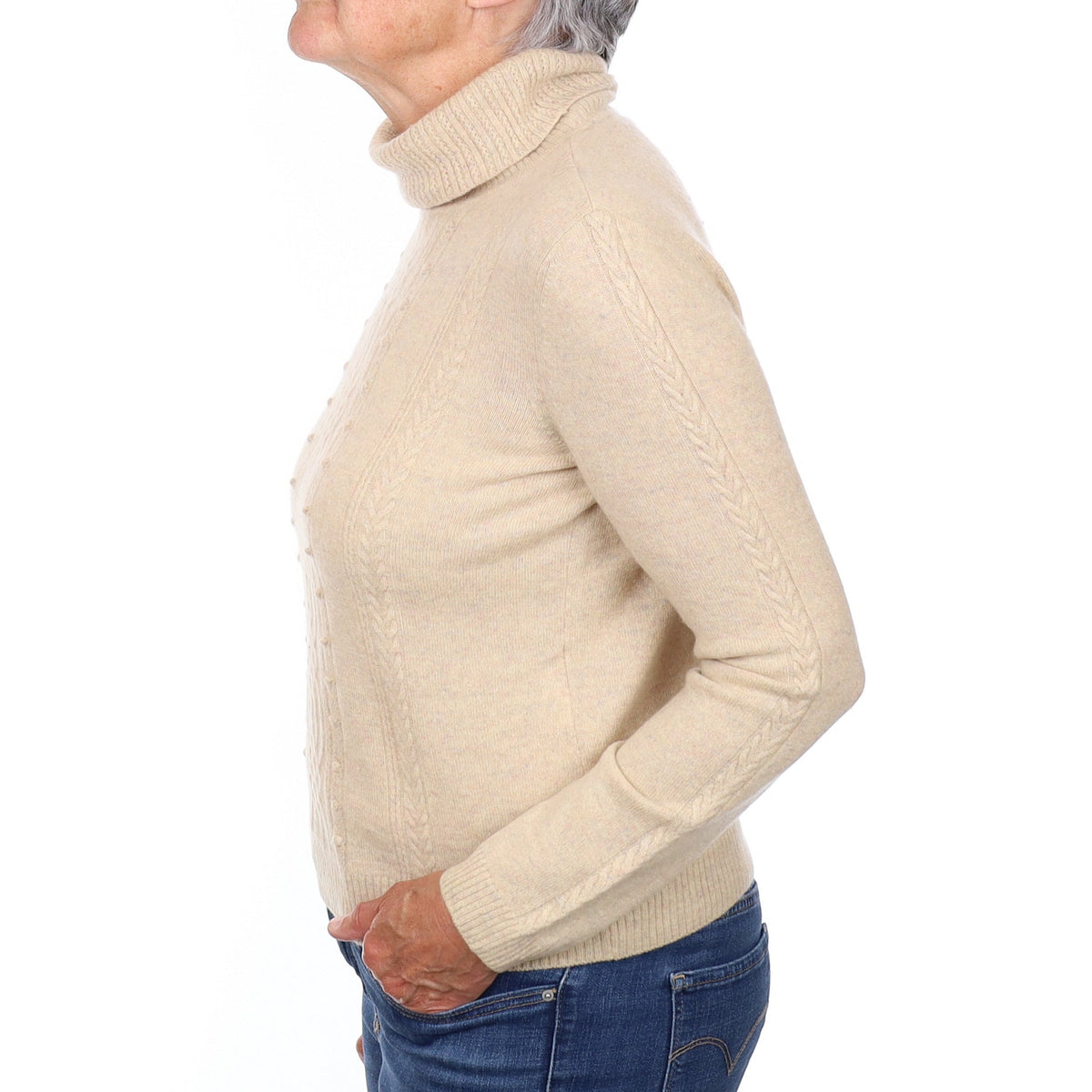 Sand Beige Textured Knit Cashmere Polo Neck Jumper Medium