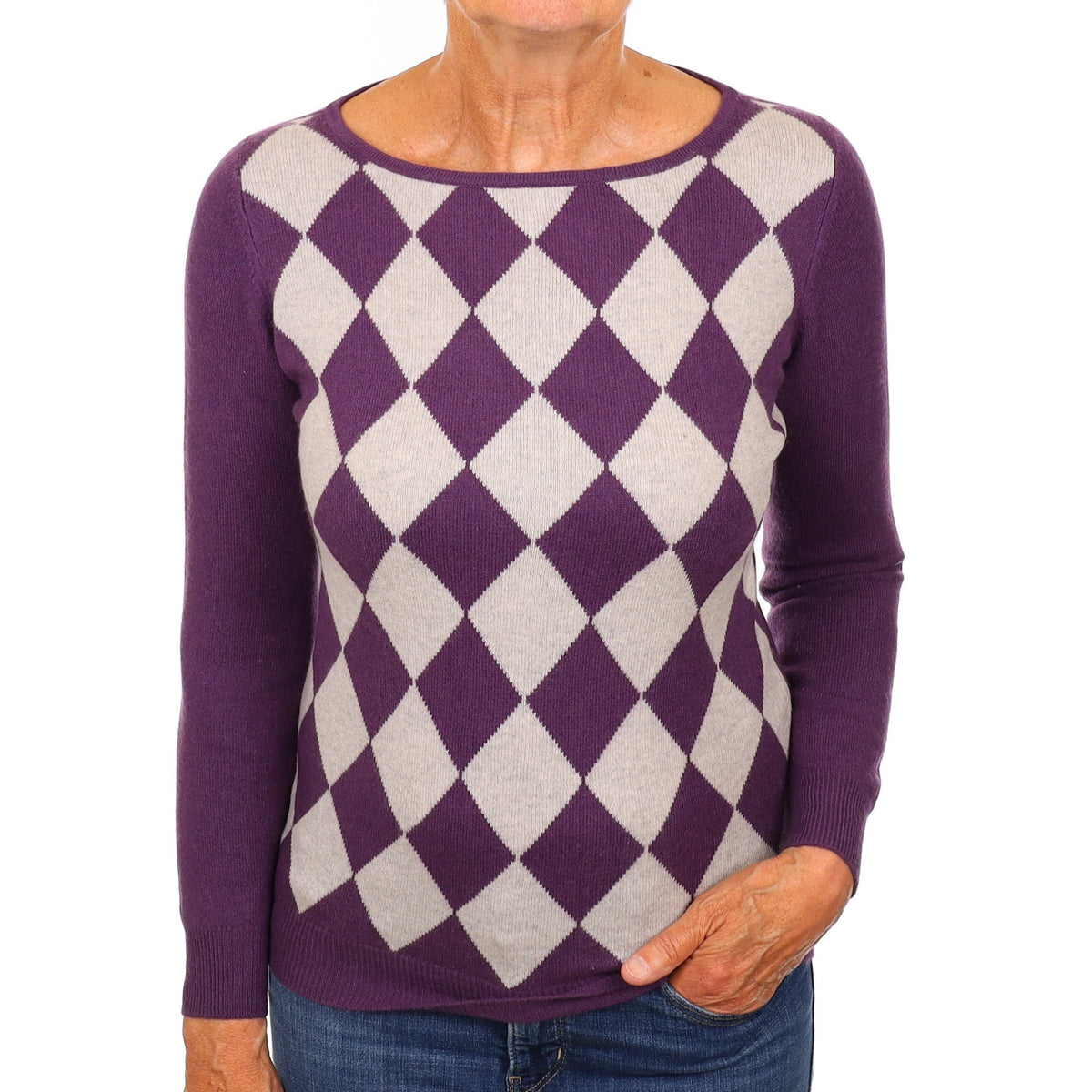 Purple and Grey Argyle Cashmere Crew Neck Jumper Medium