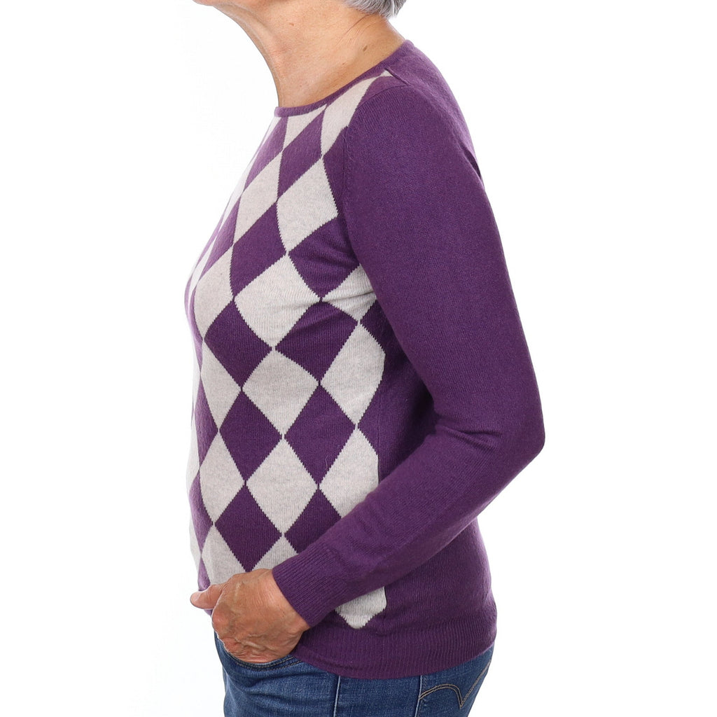 Purple and Grey Argyle Cashmere Crew Neck Jumper Medium