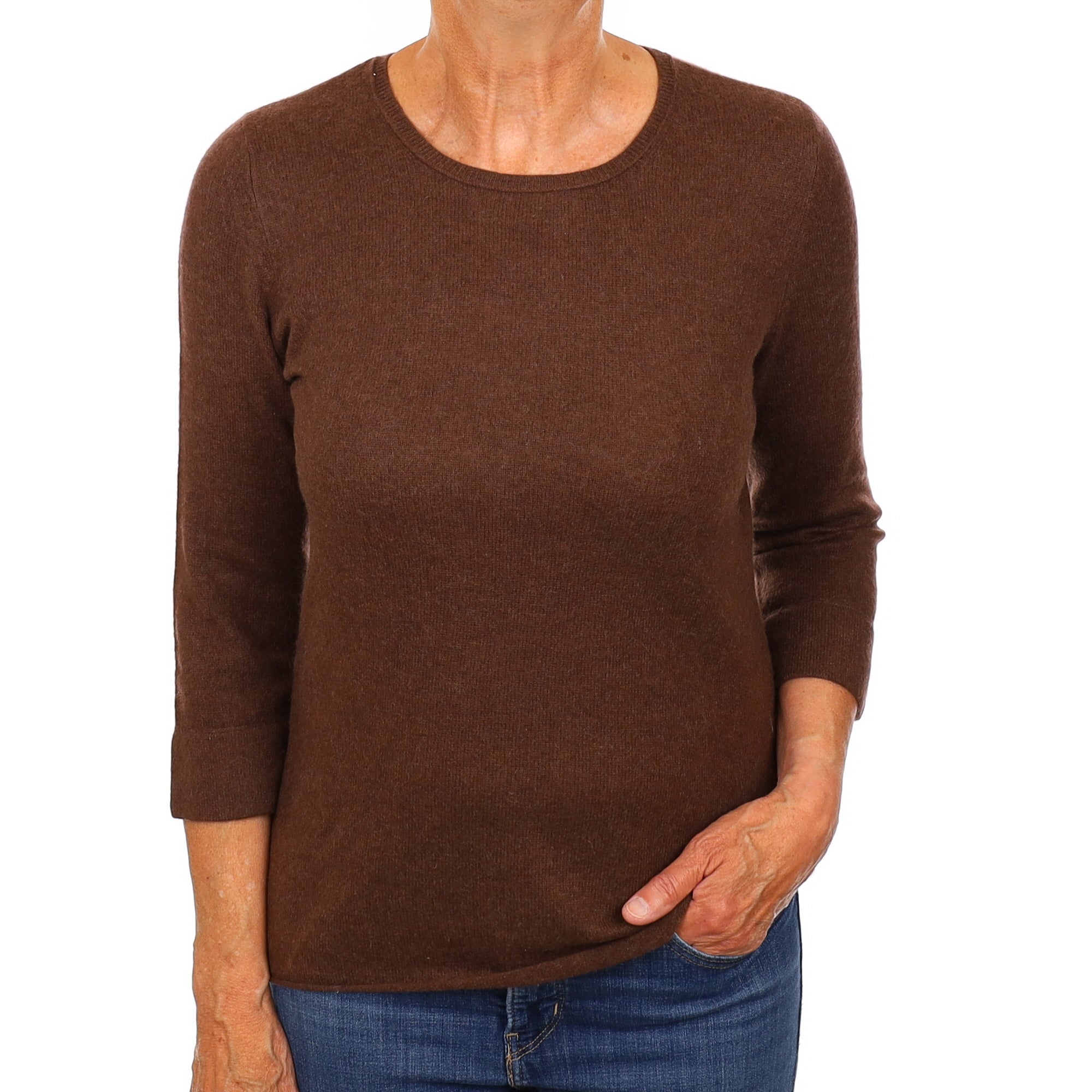 L.L.Bean Chocolate Brown Cashmere 3/4 Sleeve Crew Neck Jumper Medium