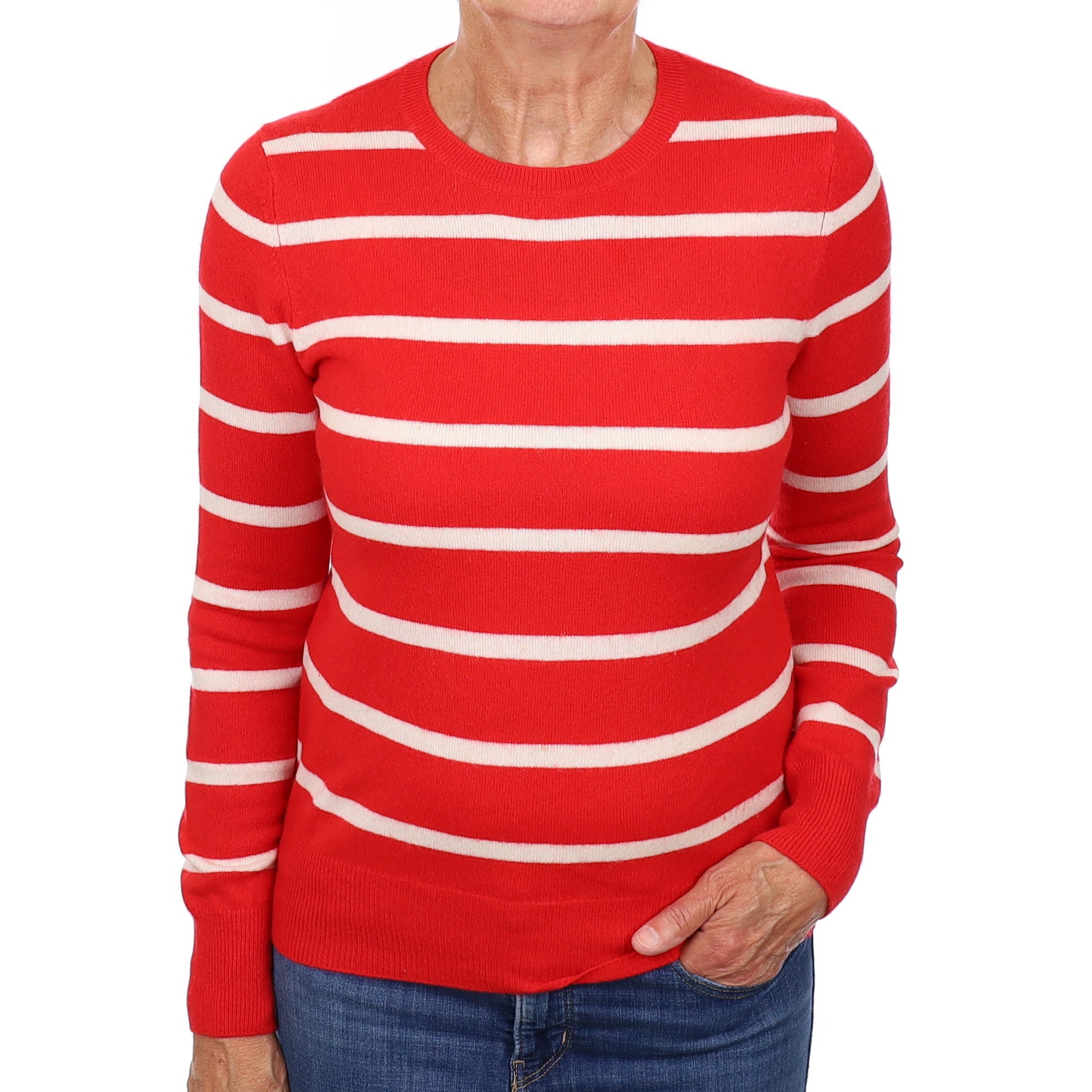 Tomato and Cream Striped Cashmere Crew Neck Jumper Medium
