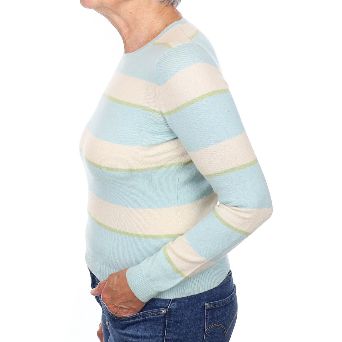 Scottish Cream and Blue Striped Cashmere Crew Neck Jumper Medium