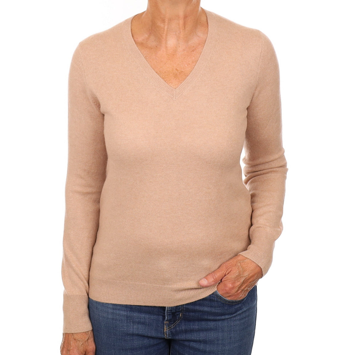 Buff Beige Cashmere V Neck Jumper Medium