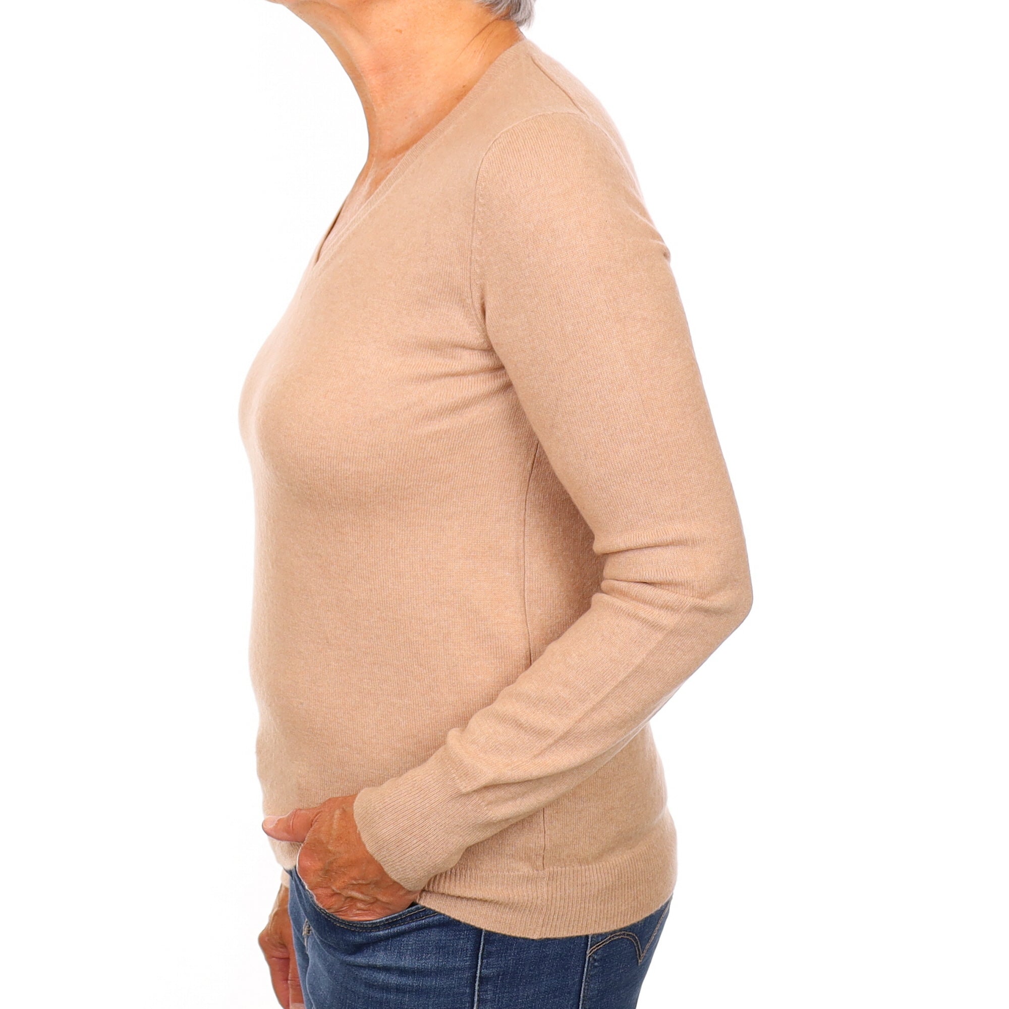 Buff Beige Cashmere V Neck Jumper Medium