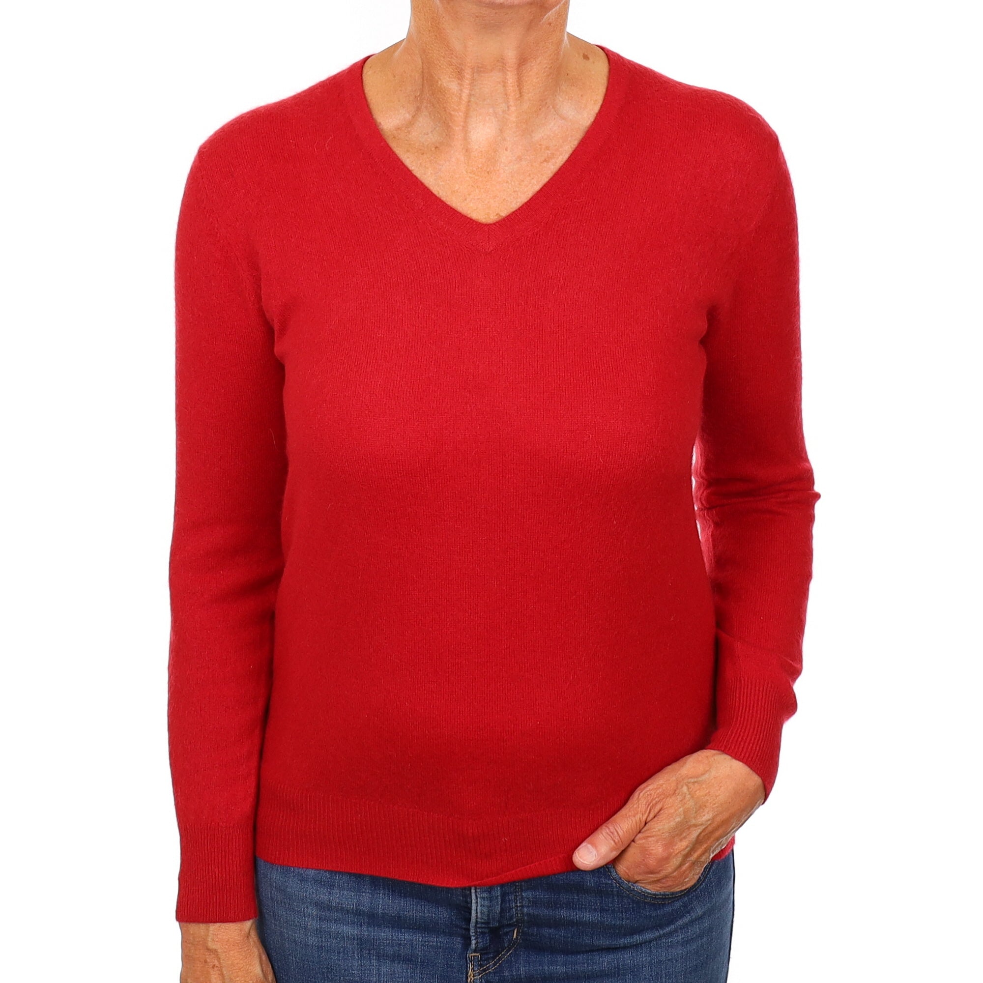 Post Box Red Cashmere V Neck Jumper Medium