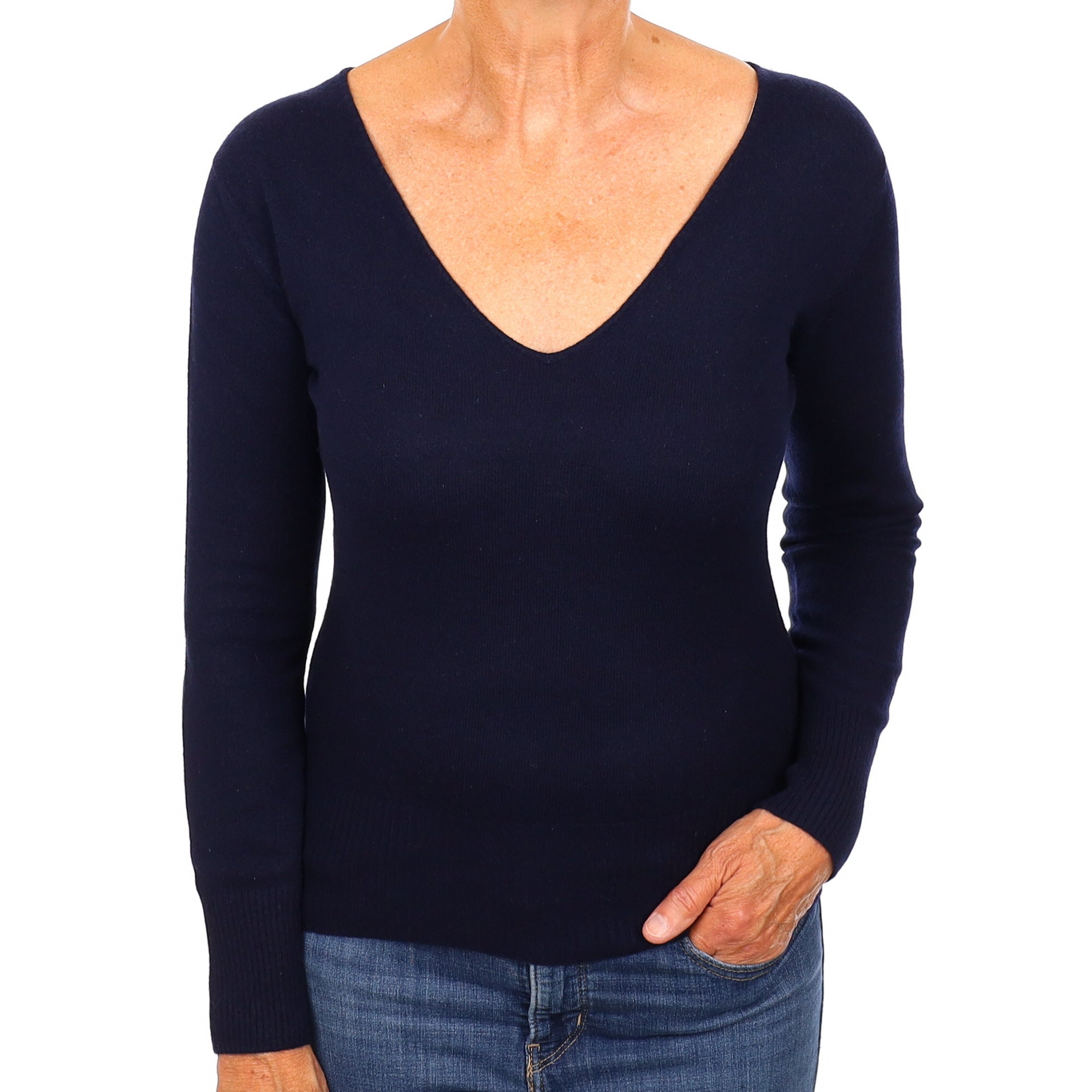 Navy Cashmere V Neck Jumper Medium
