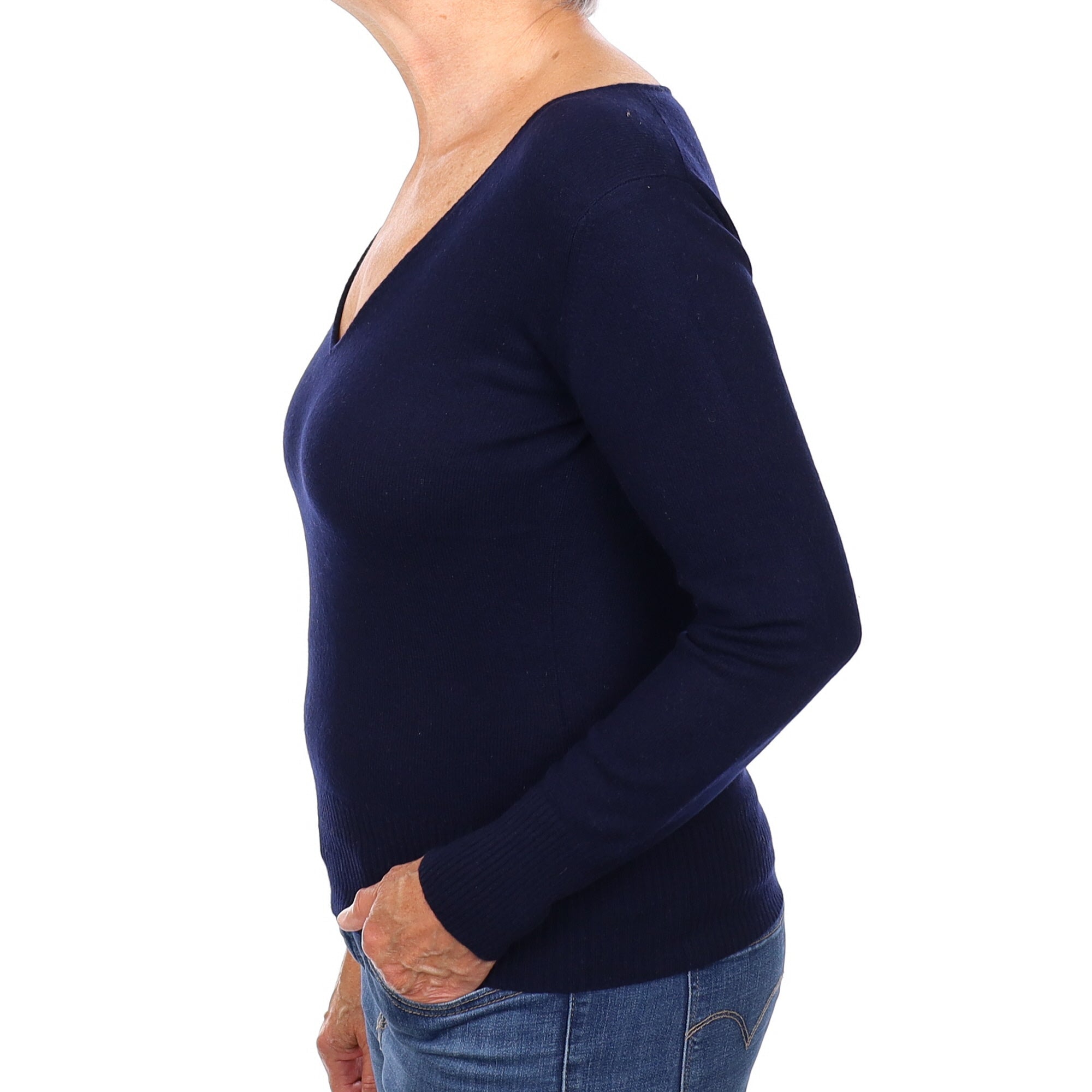 Navy Cashmere V Neck Jumper Medium