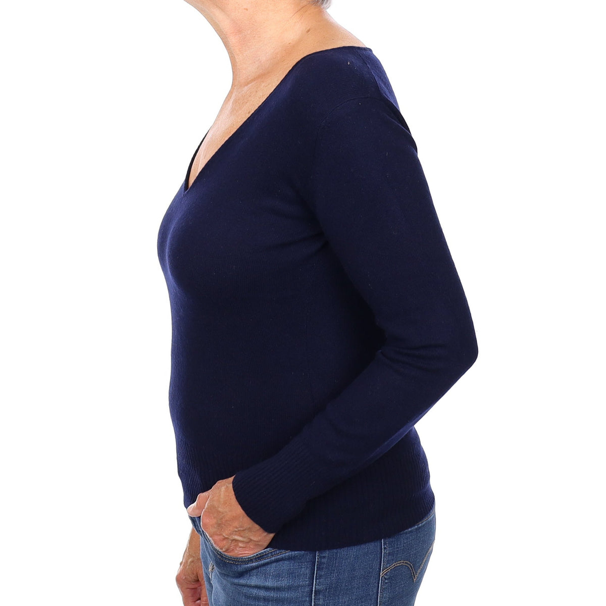 Navy Cashmere V Neck Jumper Medium
