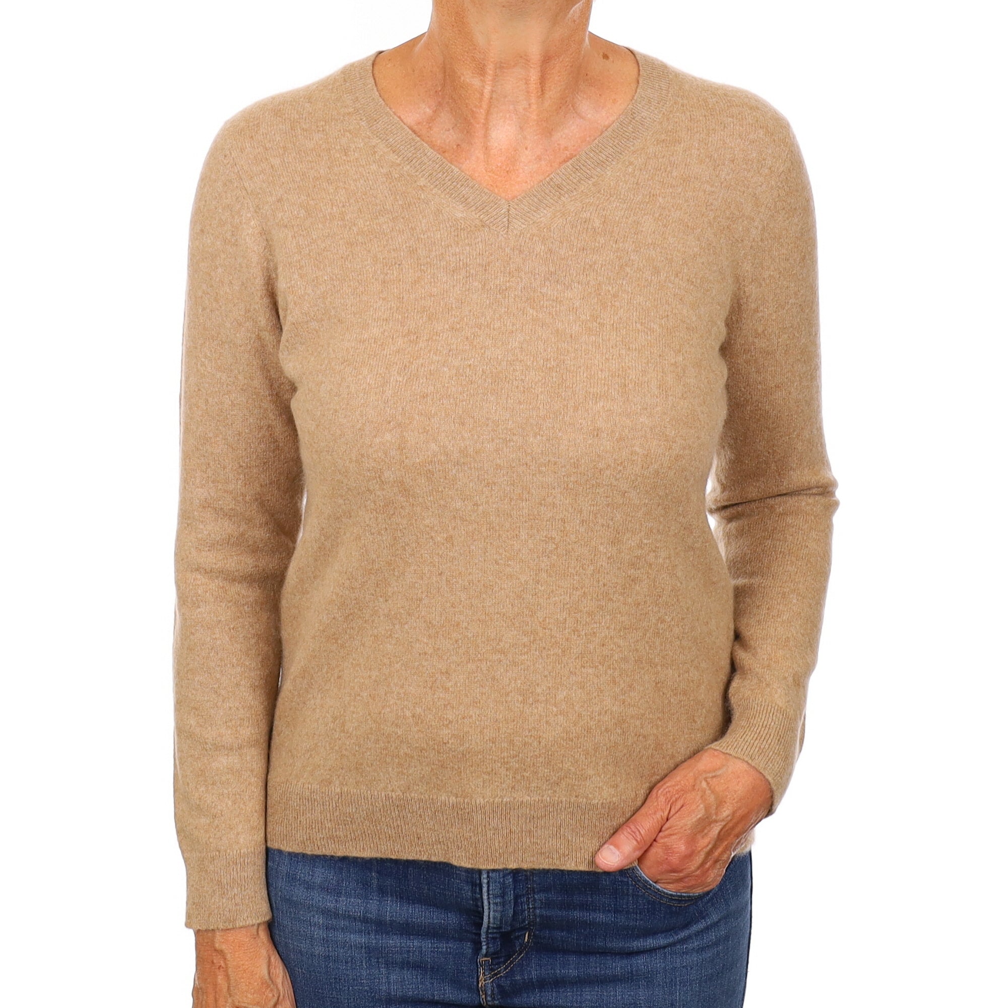 Caramel Brown Cashmere V Neck Jumper Medium