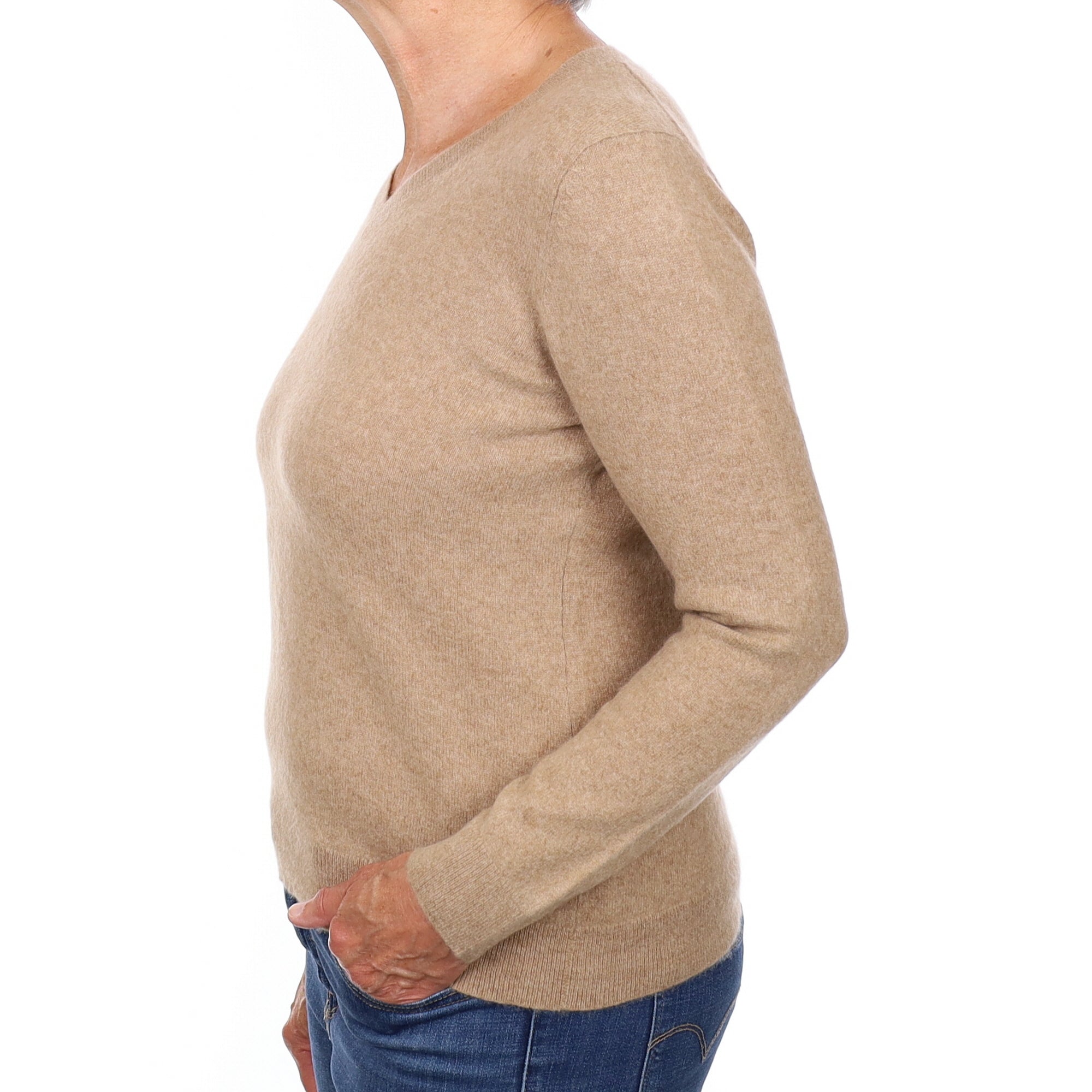 Caramel Brown Cashmere V Neck Jumper Medium