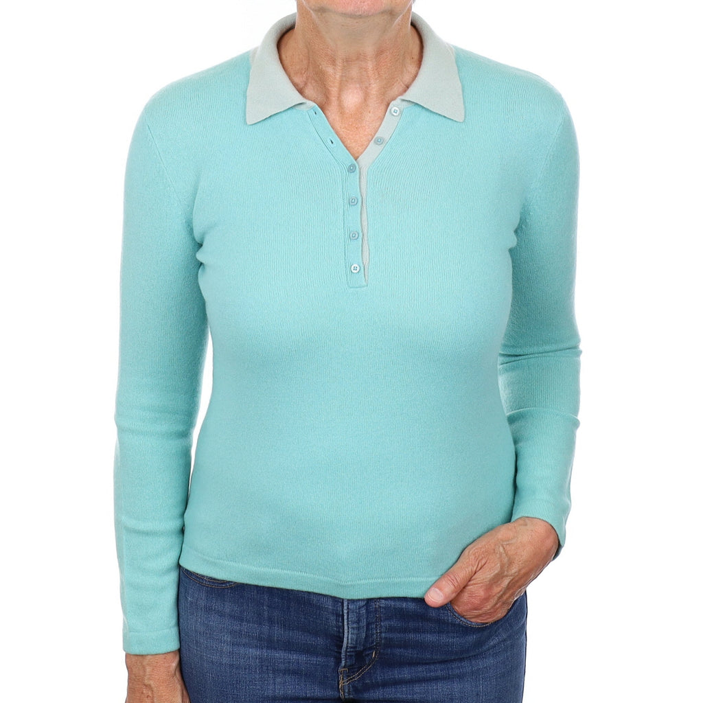 Two Toned Aqua Green Cashmere Quarter Button Crew Neck Jumper Medium