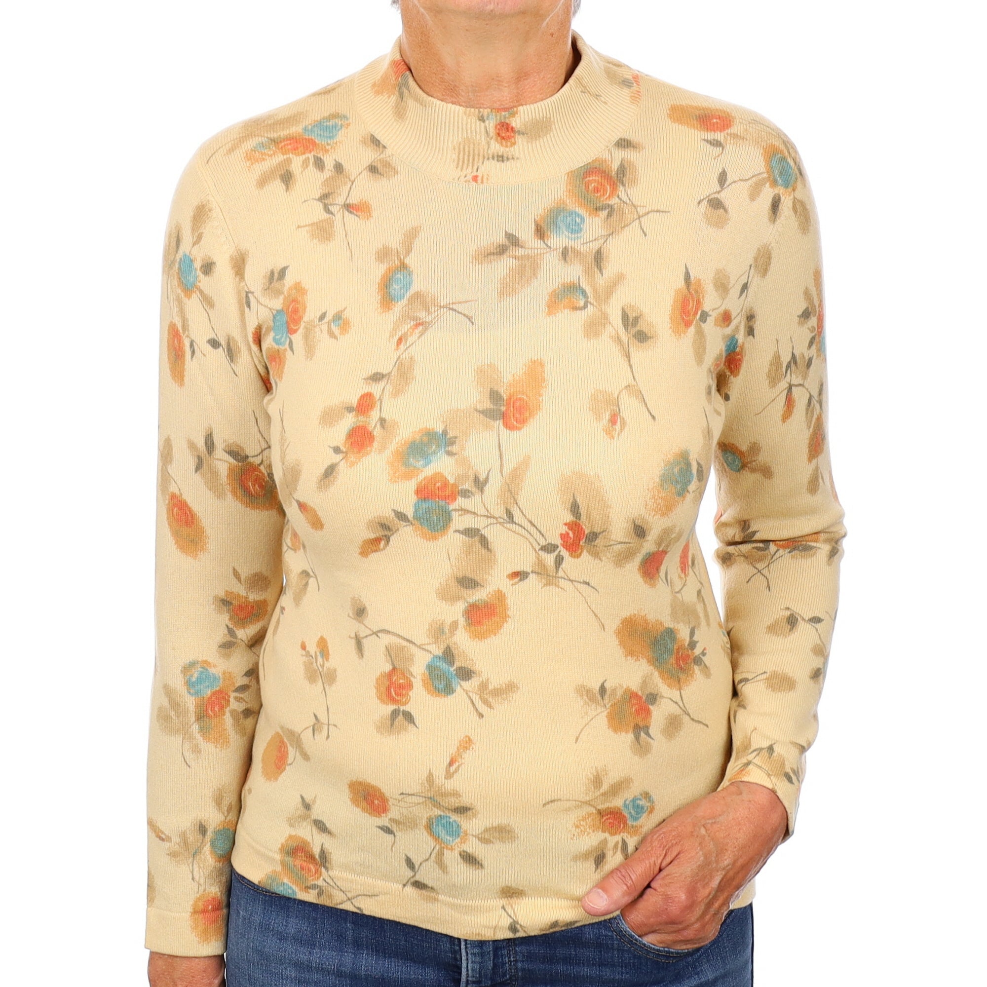 Beige Floral Cashmere Turtleneck Jumper Medium