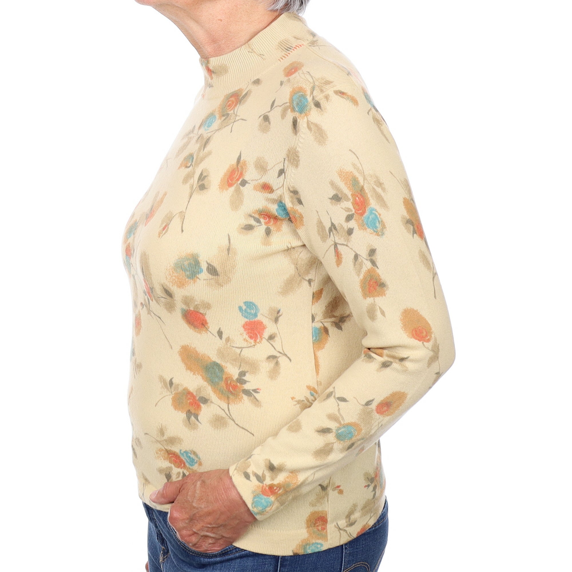 Beige Floral Cashmere Turtleneck Jumper Medium