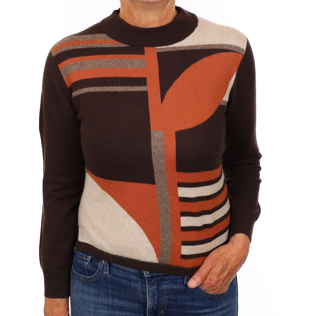 Chocolate Brown Patterned Cashmere Turtleneck Jumper Medium