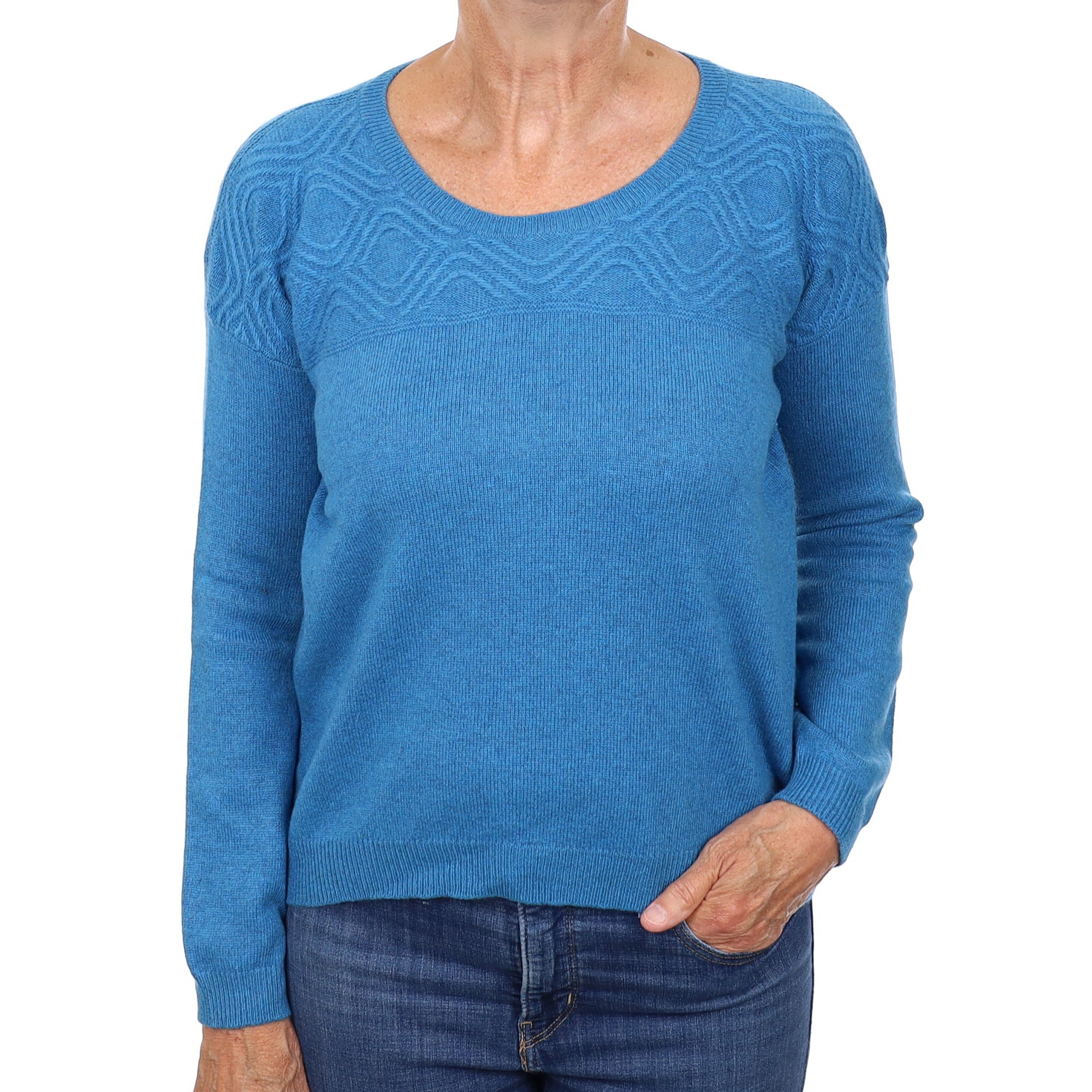 Brora Mediterranean Blue Textured Cashmere Crew Neck Jumper Medium