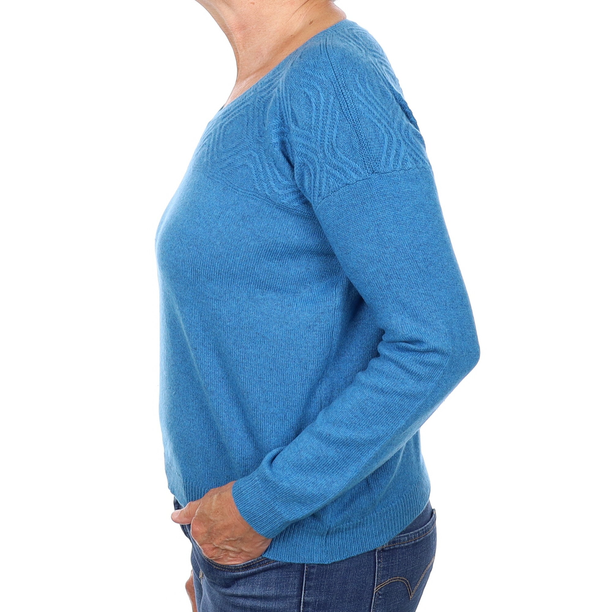Brora Mediterranean Blue Textured Cashmere Crew Neck Jumper Medium