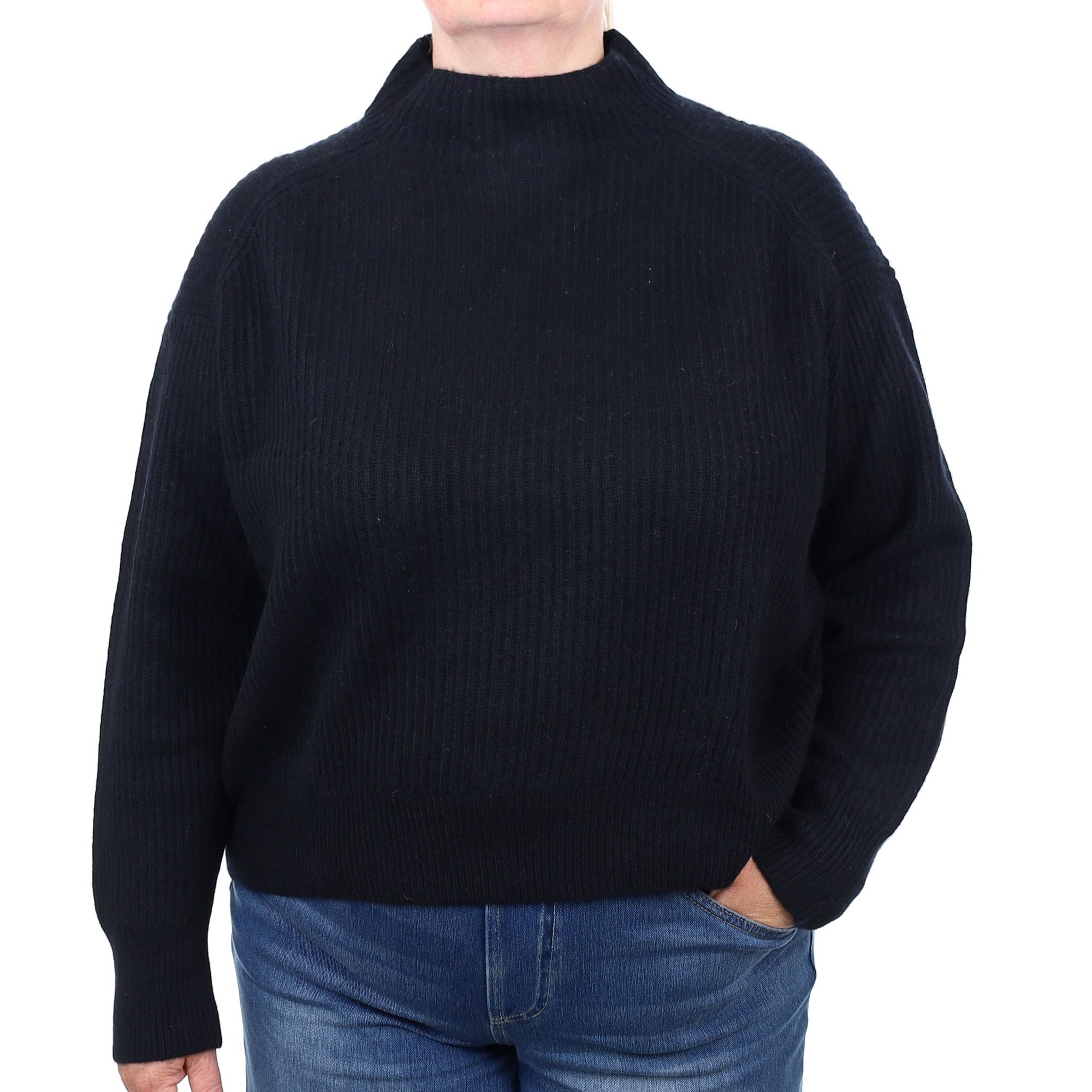 Black Ribbed Cashmere Chunky Knit Polo Neck Jumper Extra Large