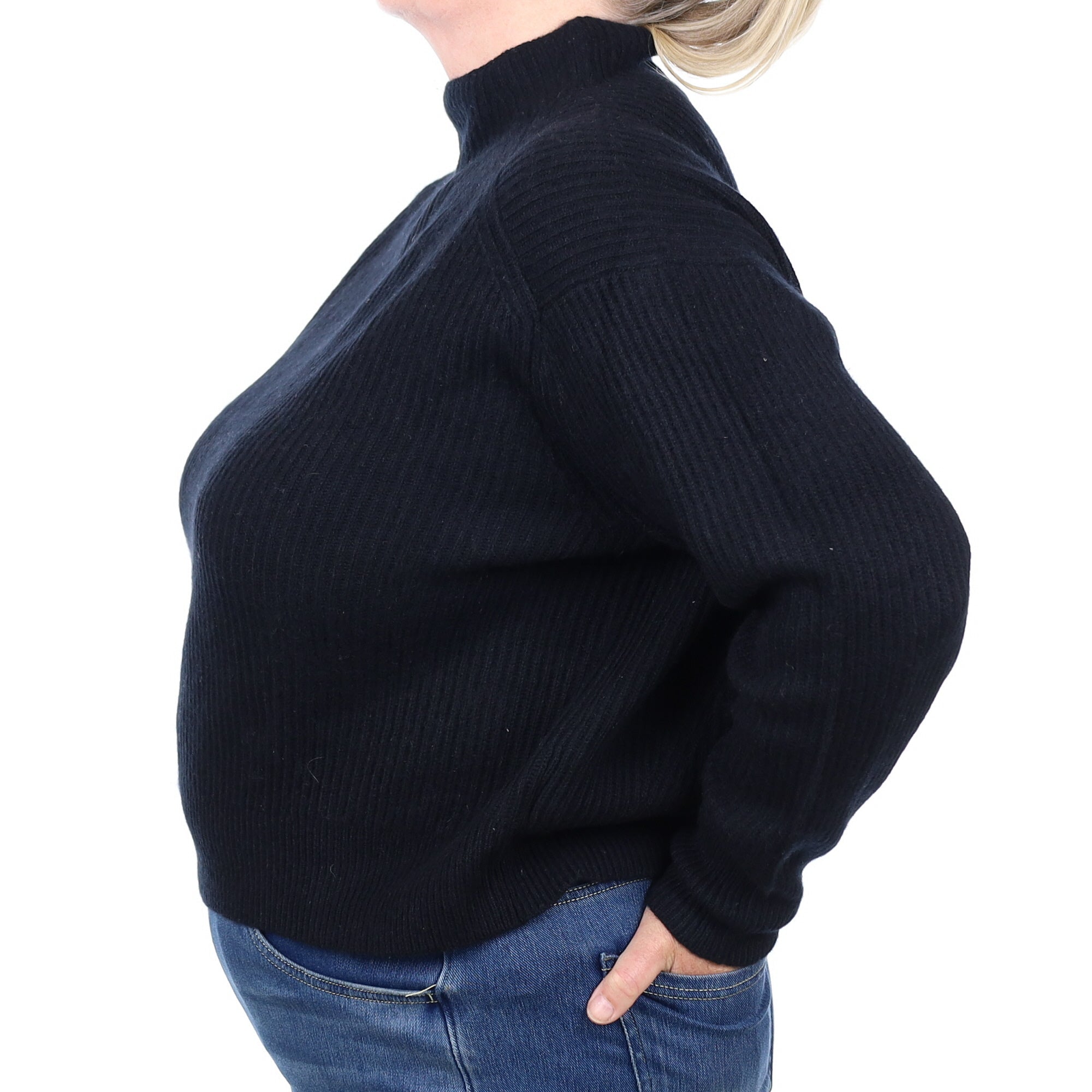 Black Ribbed Cashmere Chunky Knit Polo Neck Jumper Extra Large
