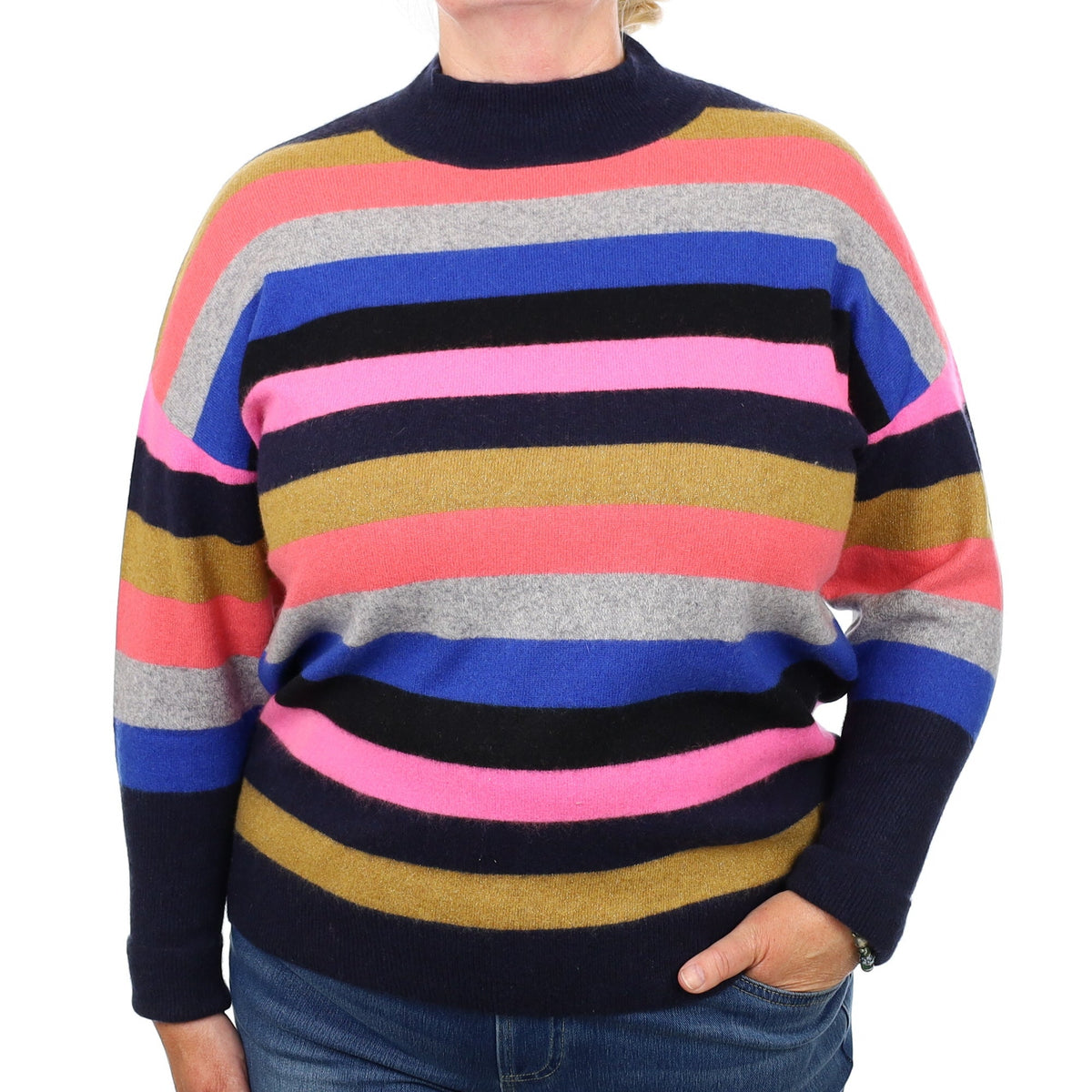Navy Striped Cashmere Turtle Neck Jumper Extra Large