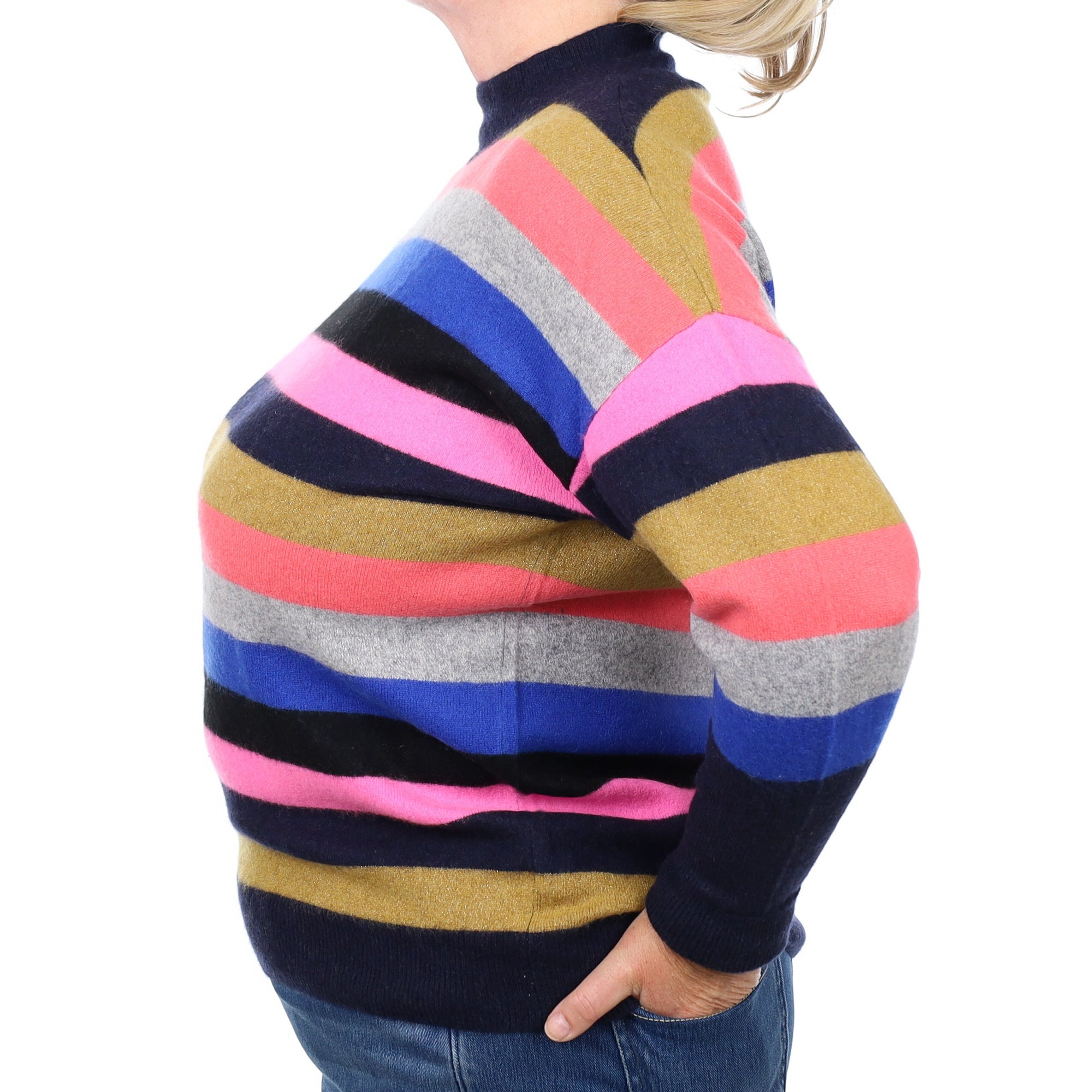 Navy Striped Cashmere Turtle Neck Jumper Extra Large