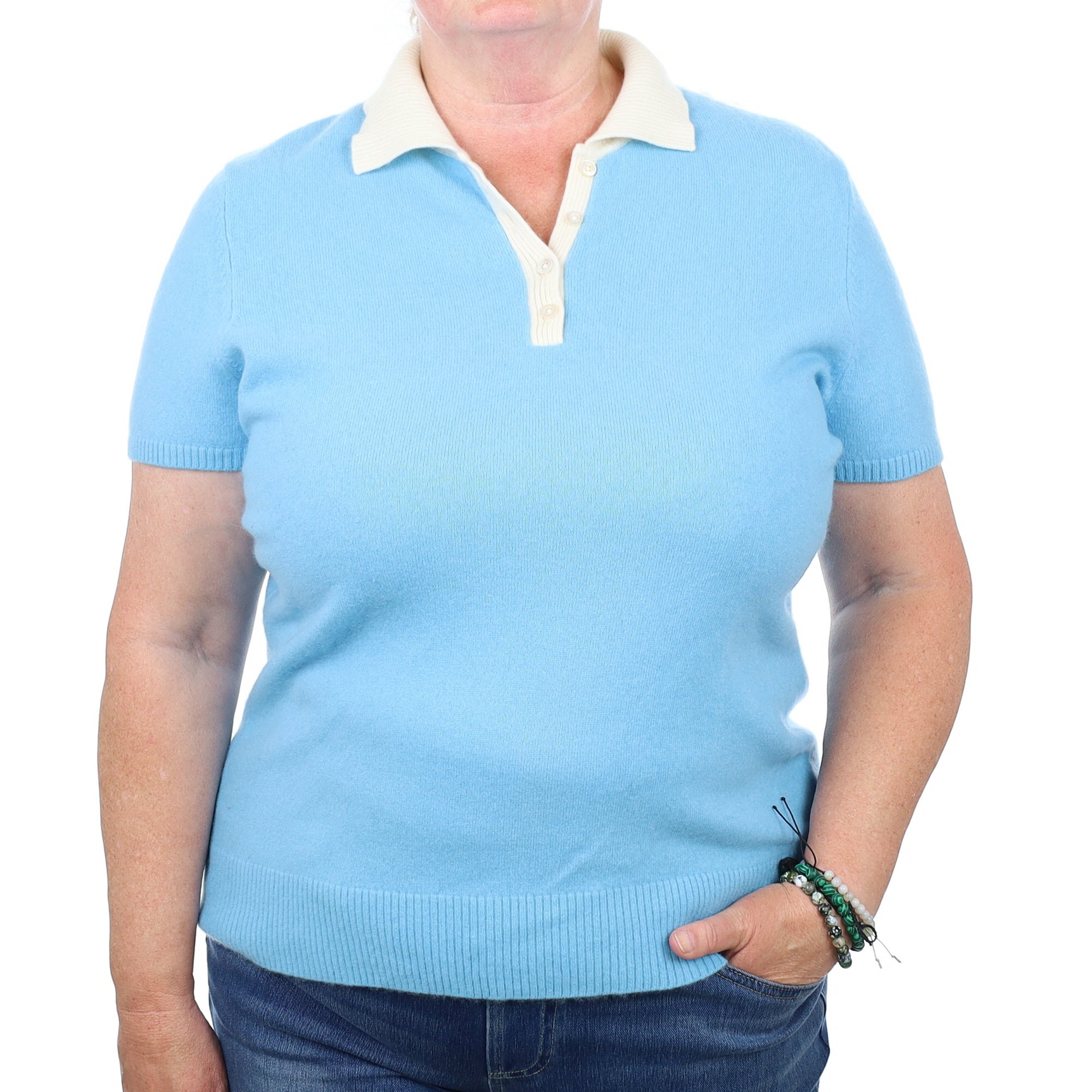 Sky Blue and Cream Cashmere 1/4 Button Crew Neck Short Sleeve Jumper Extra Large