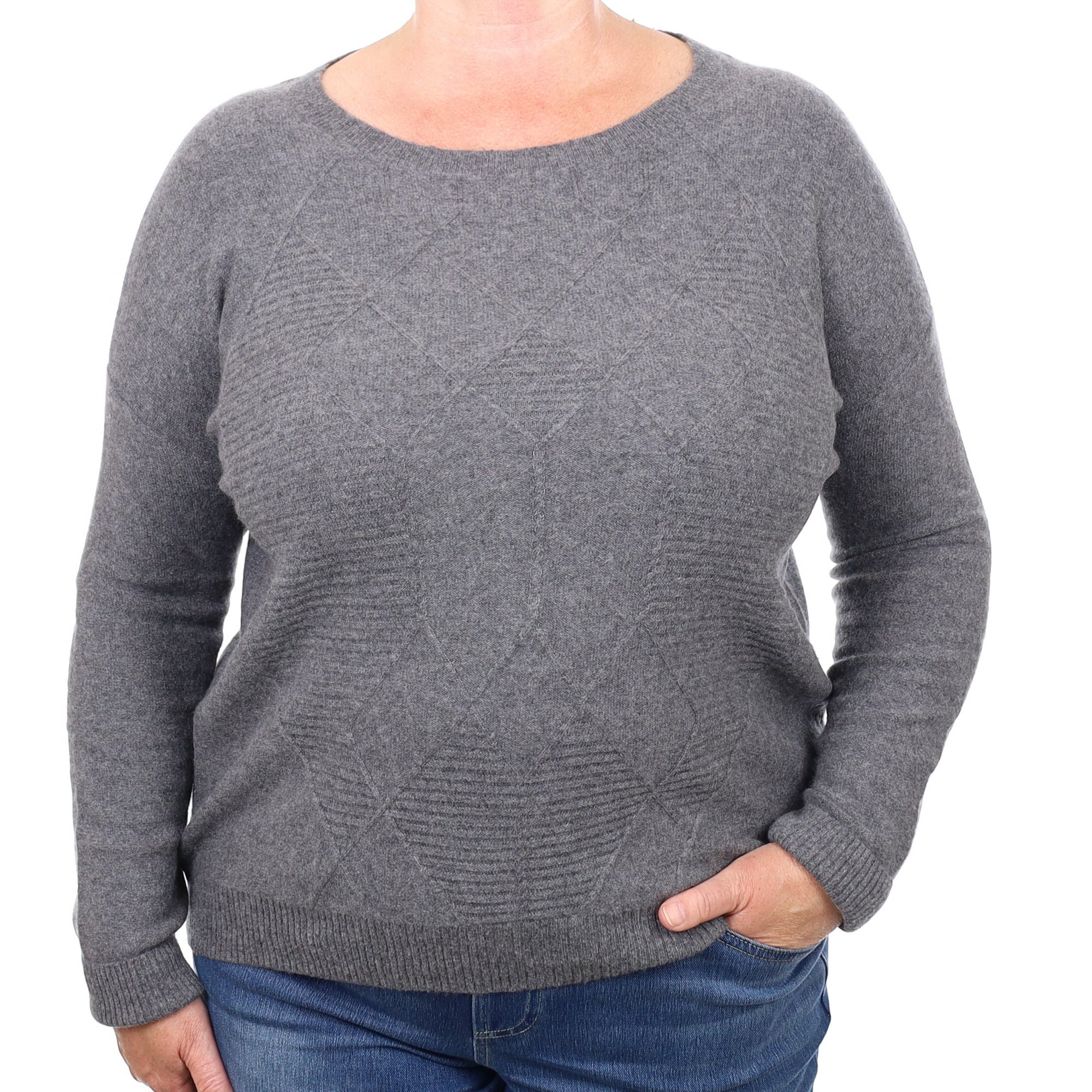Slate Grey Cashmere Textured Knit Crew Neck Jumper Extra Large