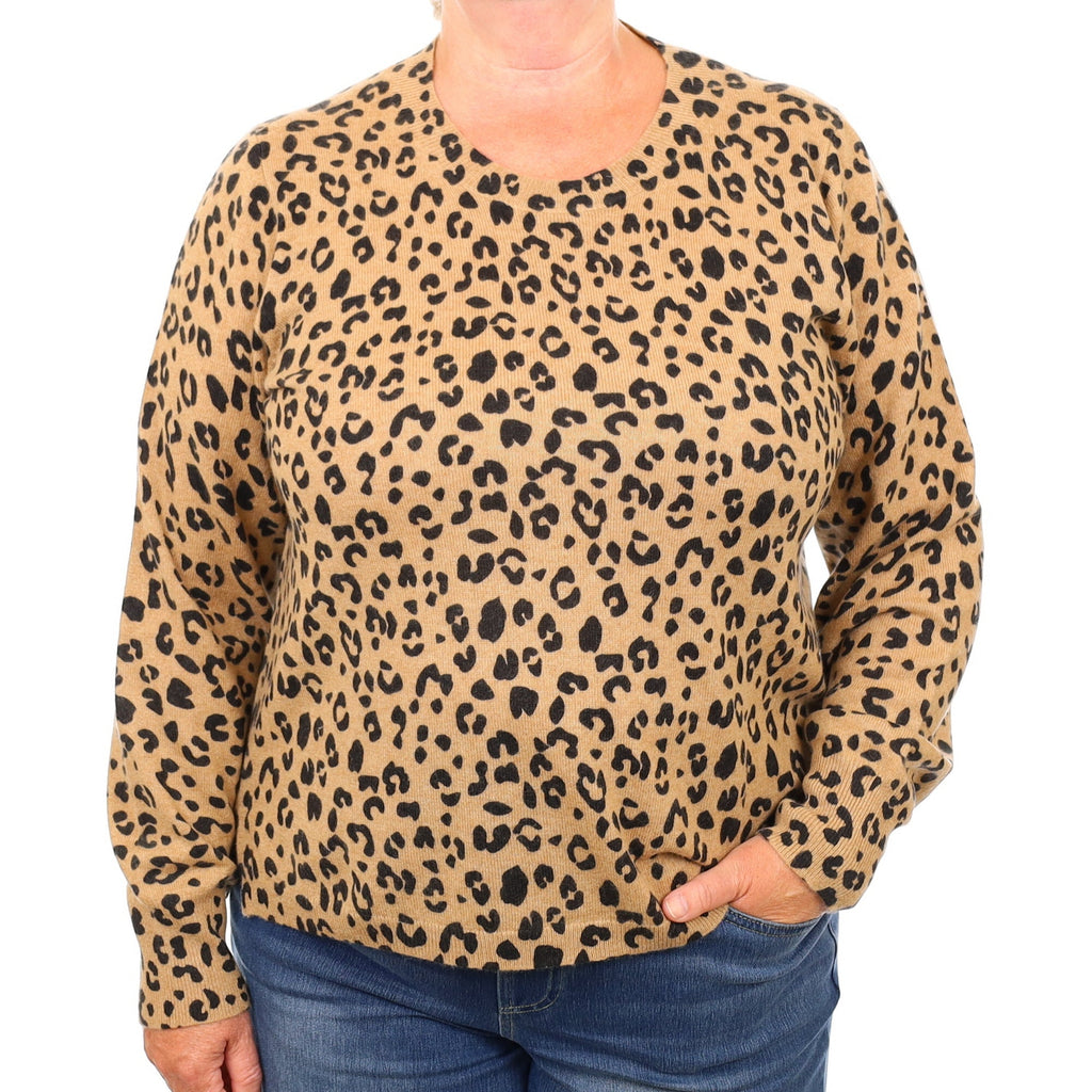 Caramel and Black Animal Print Cashmere Crew Neck Jumper 2 Extra Large