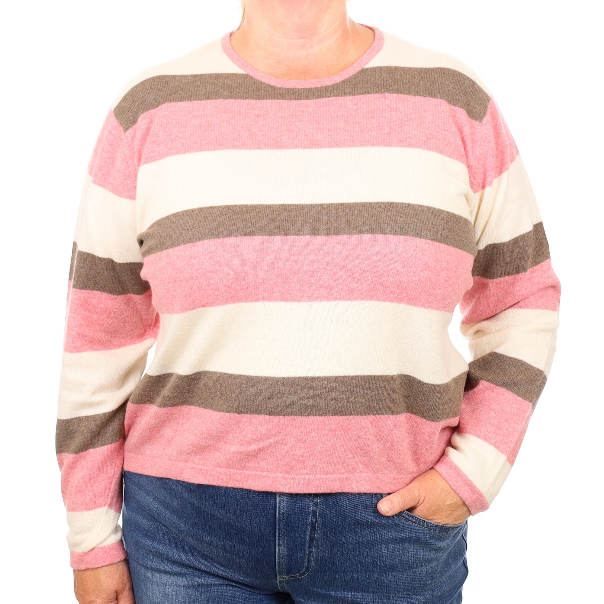 Mocha and Pink stripe Cashmere Crew Neck Jumper Extra Large