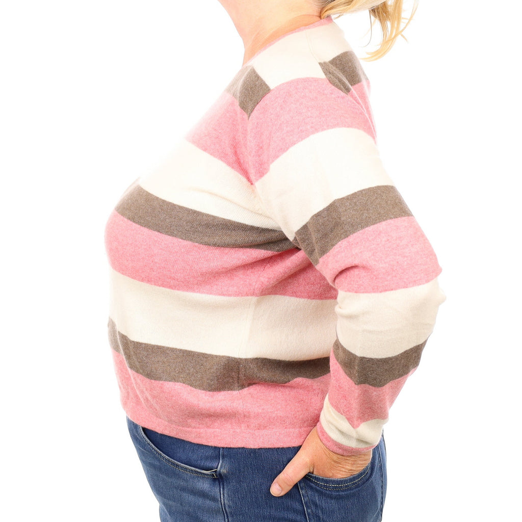 Mocha and Pink stripe Cashmere Crew Neck Jumper Extra Large