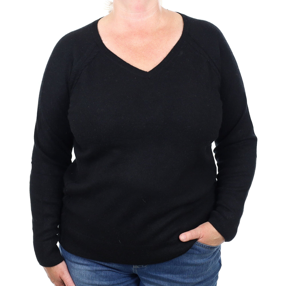 Black Cashmere Cable Detail V Neck Jumper Extra Large